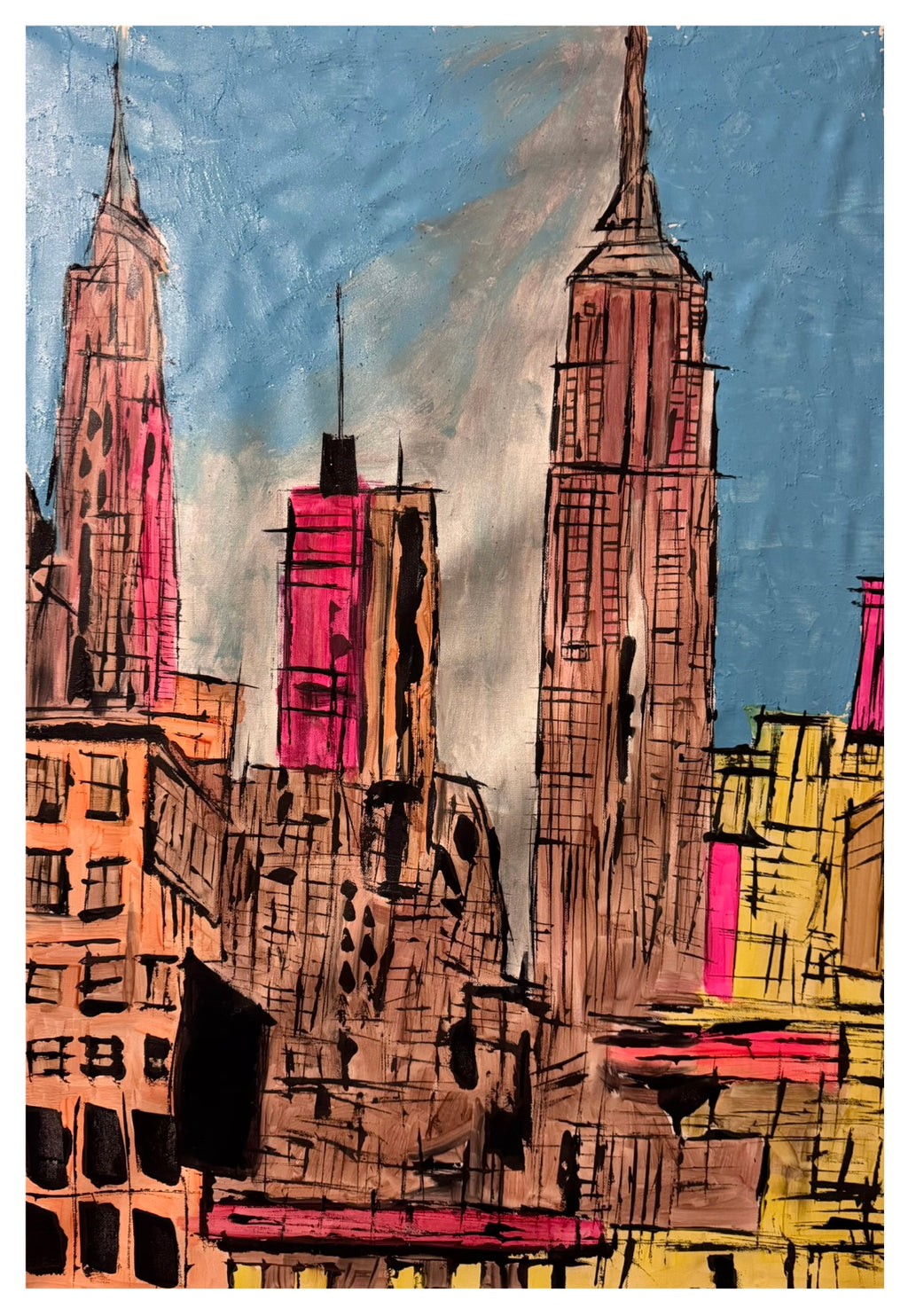 Modern Manhattan Skyline Abstract Acrylic Painting on Canvas | NYC Empire State Urban Silhouette Art 24x36 Inches