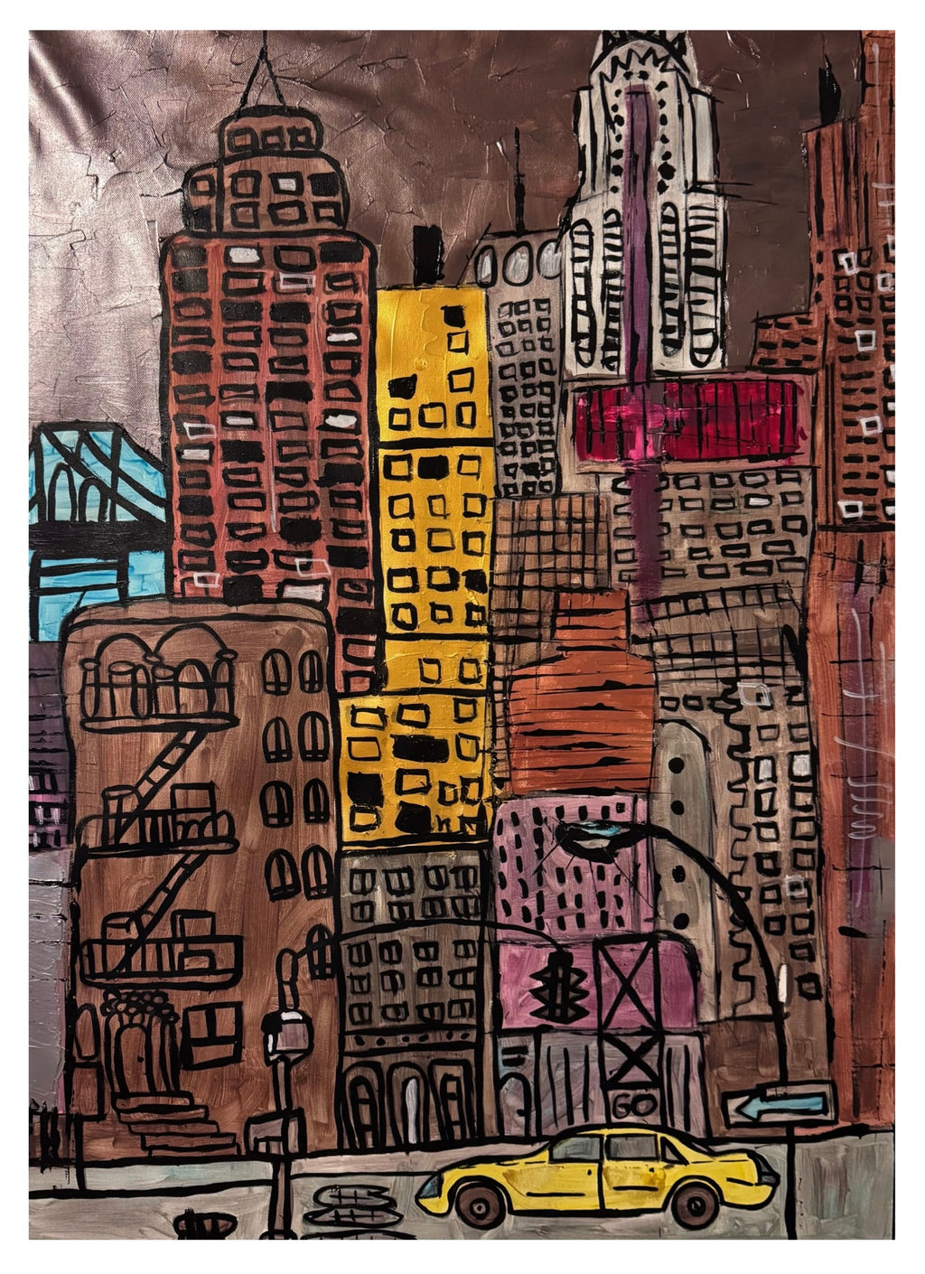 Original NYC Skyline Painting 26x36 Canvas | Hand Painted Acrylic Abstract Cityscape with Yellow Taxi & Urban Style