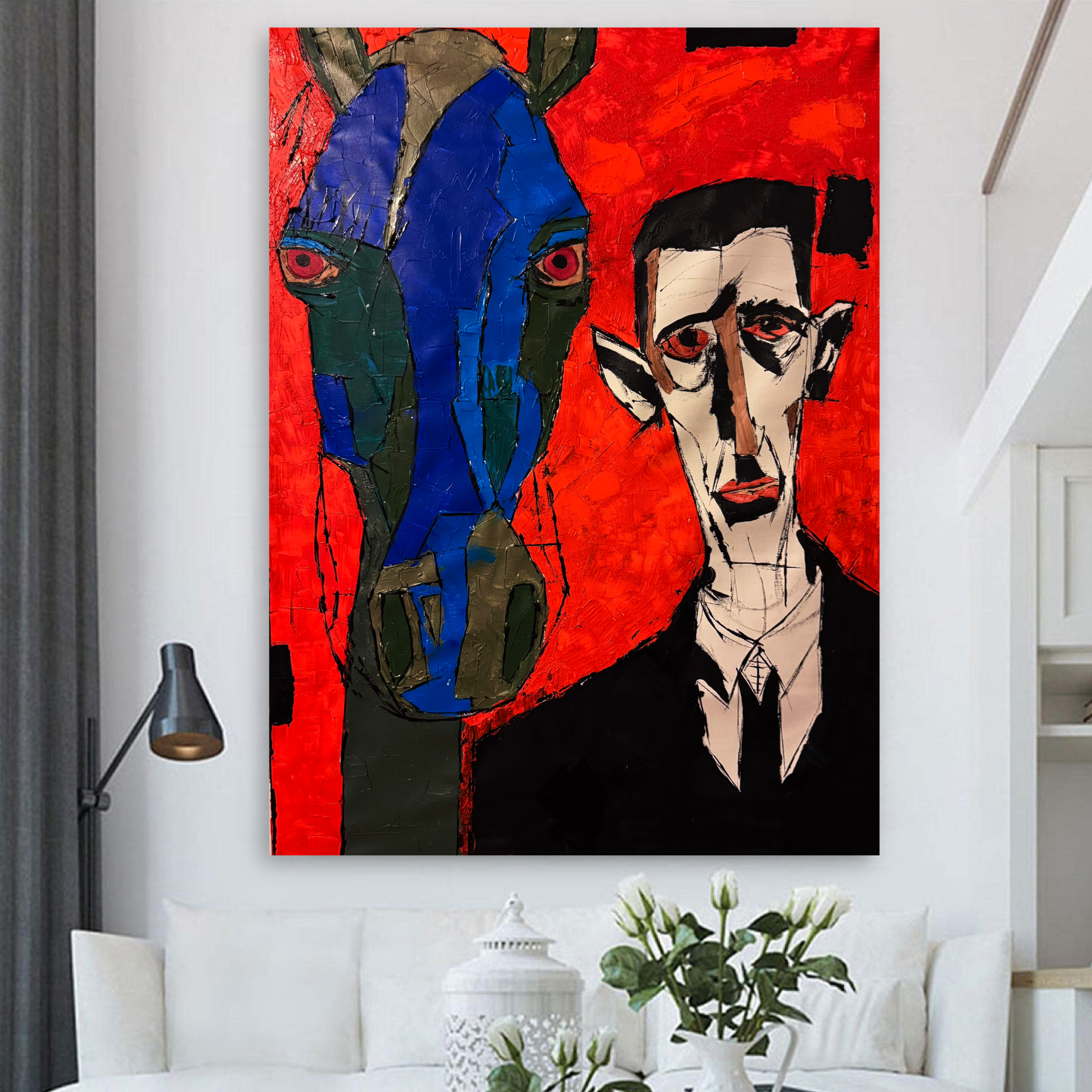Neo-Expressionist Abstract Portrait with Horse | Original Acrylic Painting on Canvas 22x28 | Handmade Unique Artwork
