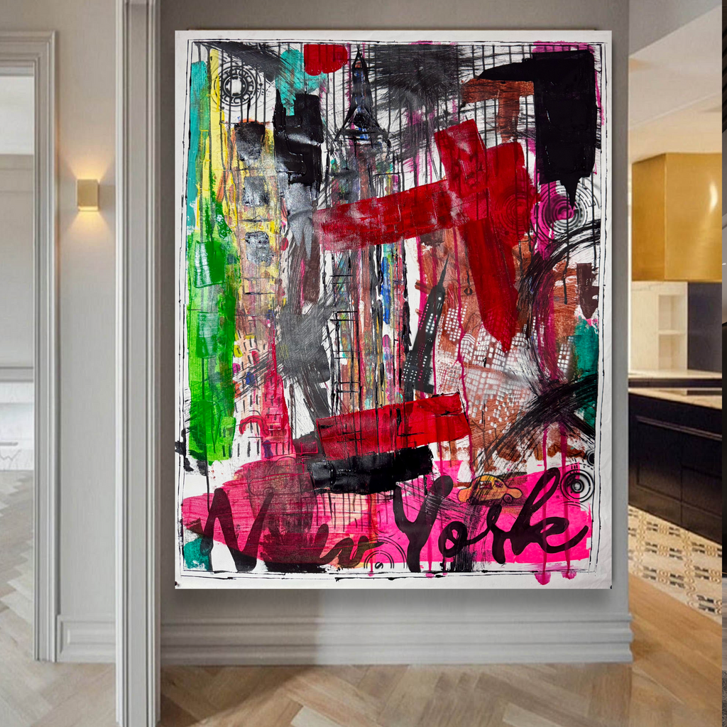 NYC Manhattan Skyline Abstract Painting | Original Neo-Expressionist Acrylic Canvas Artwork | Handmade Urban Art 28x36 inch