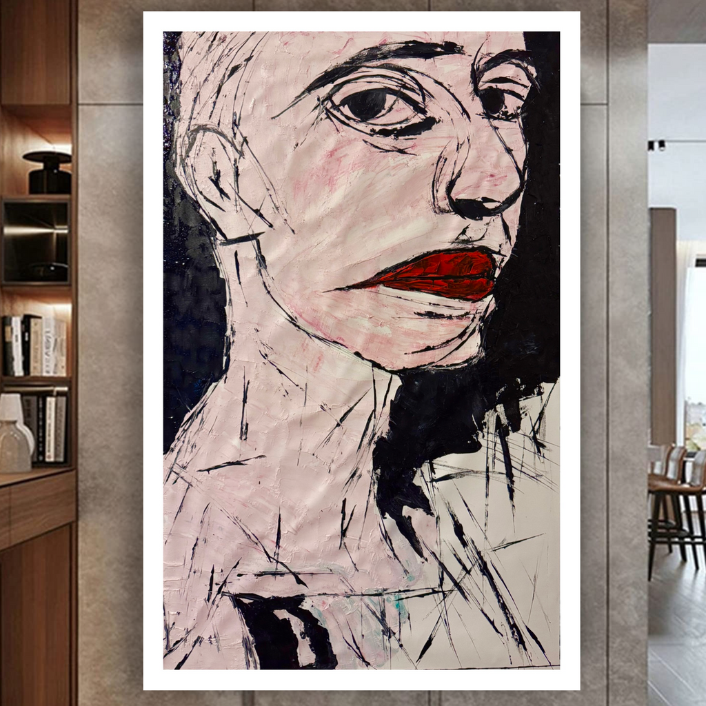 Silent Crimson Gaze – 24x40 Inches Original Abstract Expressionist Acrylic Portrait on Canvas with Palette Knife Texture