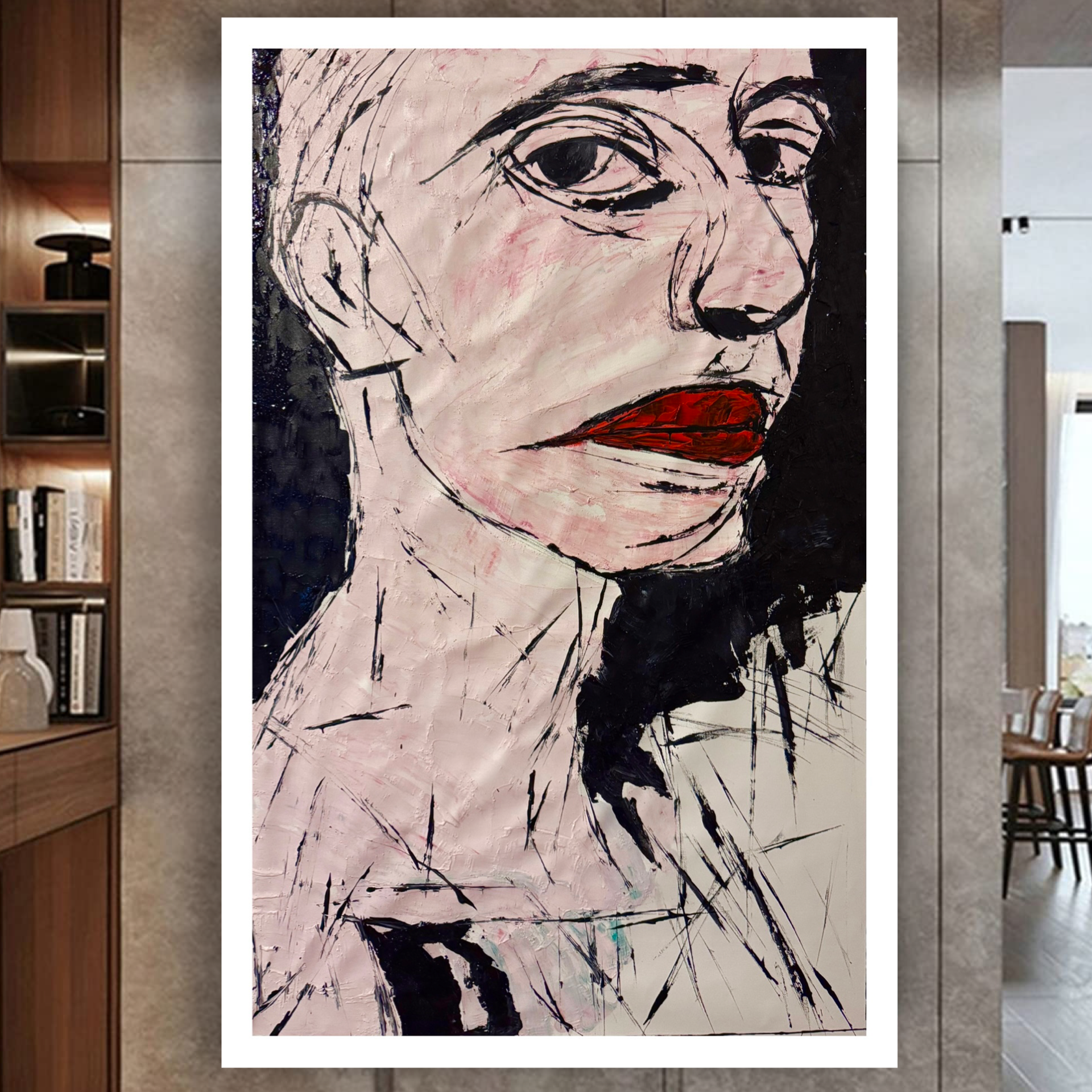 Silent Crimson Gaze – 24x40 Inches Original Abstract Expressionist Acrylic Portrait on Canvas with Palette Knife Texture