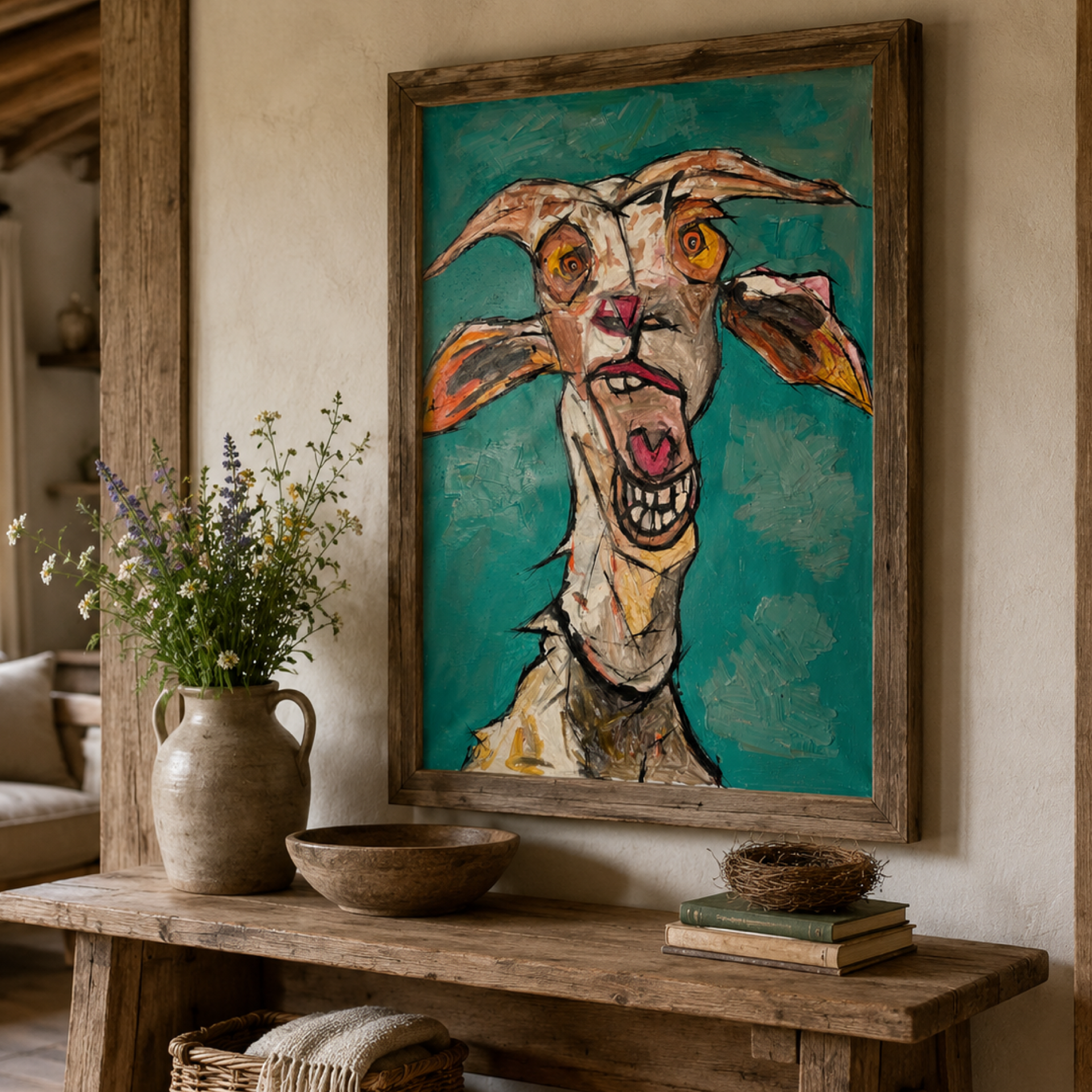 Original Abstract Expressionist Goat Painting | 26x36” Hand-Painted Acrylic on Canvas | Modern Animal Wall Art