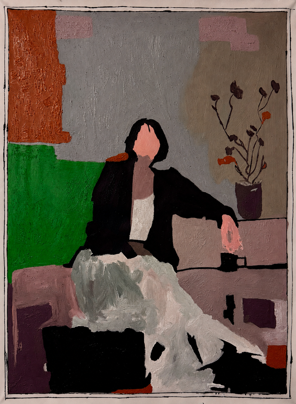 Quiet Elegance — Expressionist Woman in a Modern Interior, Original 26×36 Acrylic Canvas Painting with Rich Texture