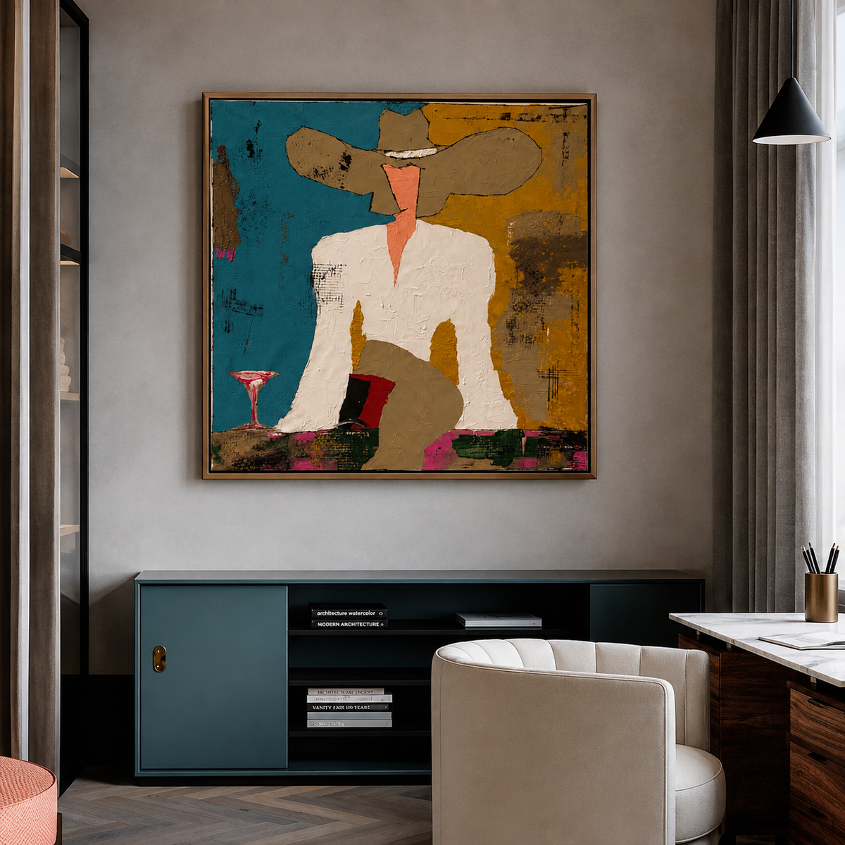 Expressionist Cowgirl Abstract Painting 34x34 – Original Textured Acrylic Palette Knife Western Art