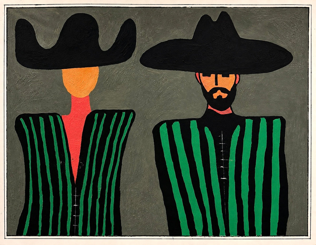 Western Souls in Green – Abstract Expressionist Cowboy Couple, Hand-Painted Acrylic on Horizontal Canvas