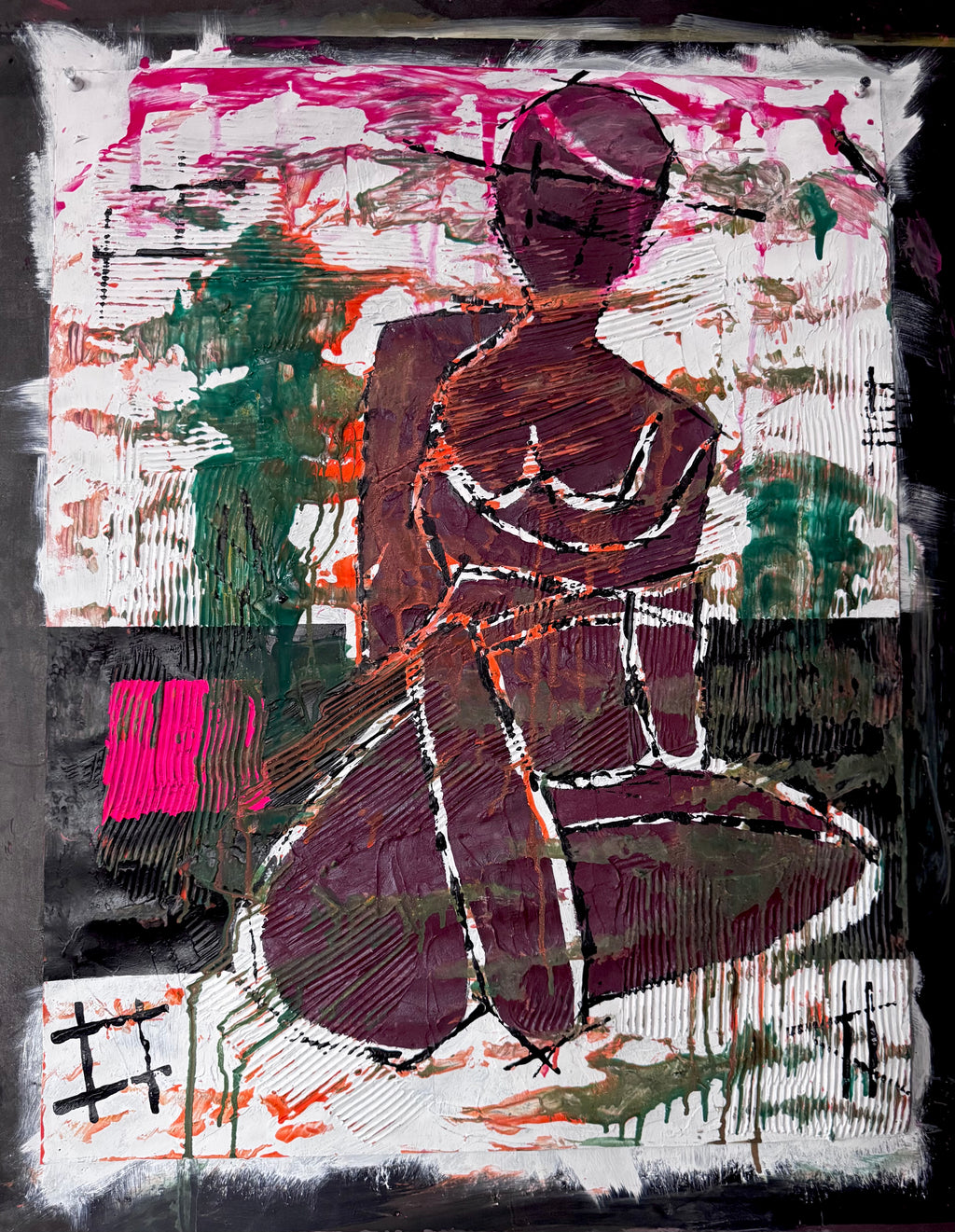 Neo-Expressionist Textured Figure Painting on Paper, 20x28 Inch Contemporary Abstract Artwork with Bold Acrylic Layers