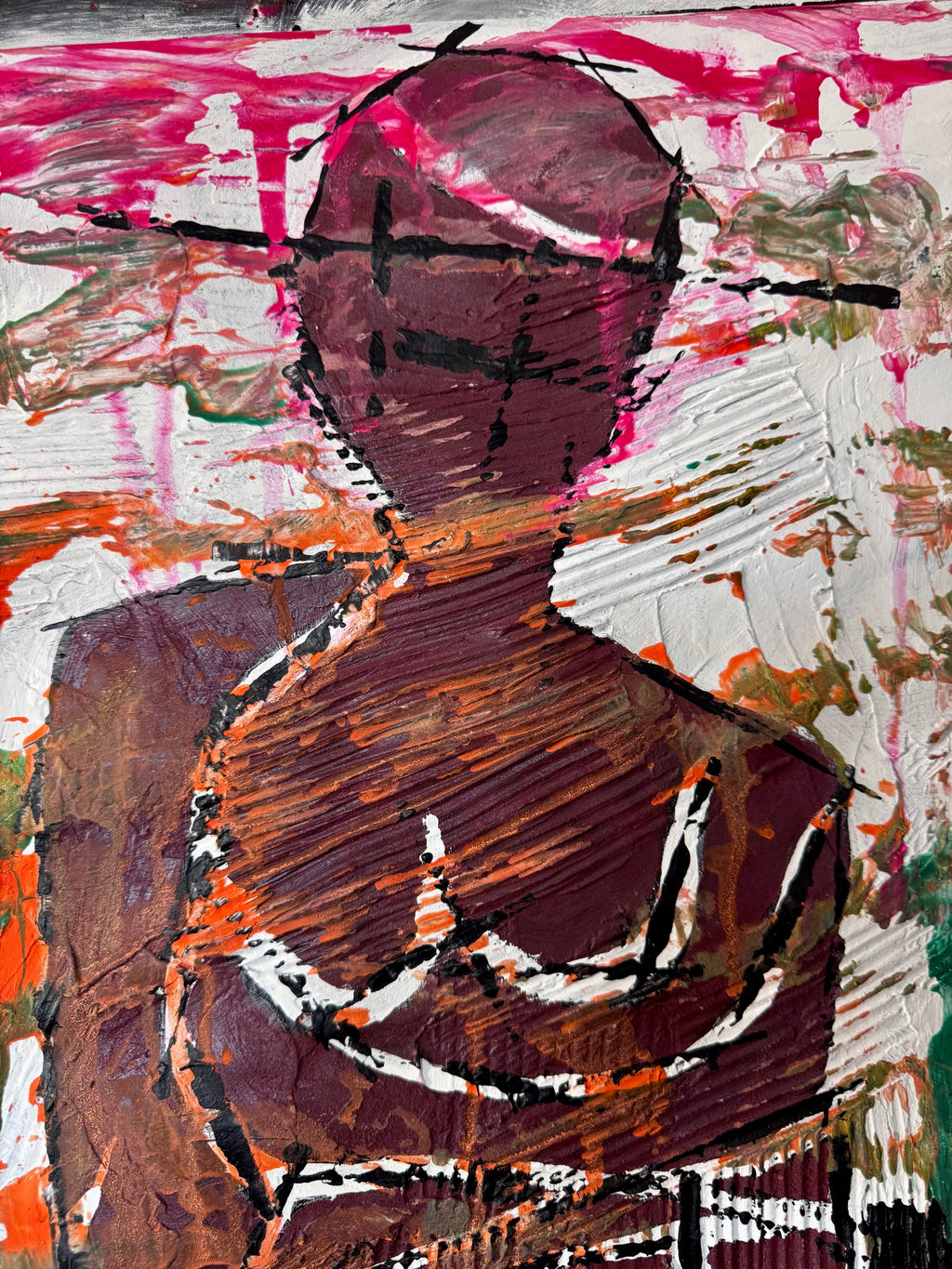 Neo-Expressionist Textured Figure Painting on Paper, 20x28 Inch Contemporary Abstract Artwork with Bold Acrylic Layers