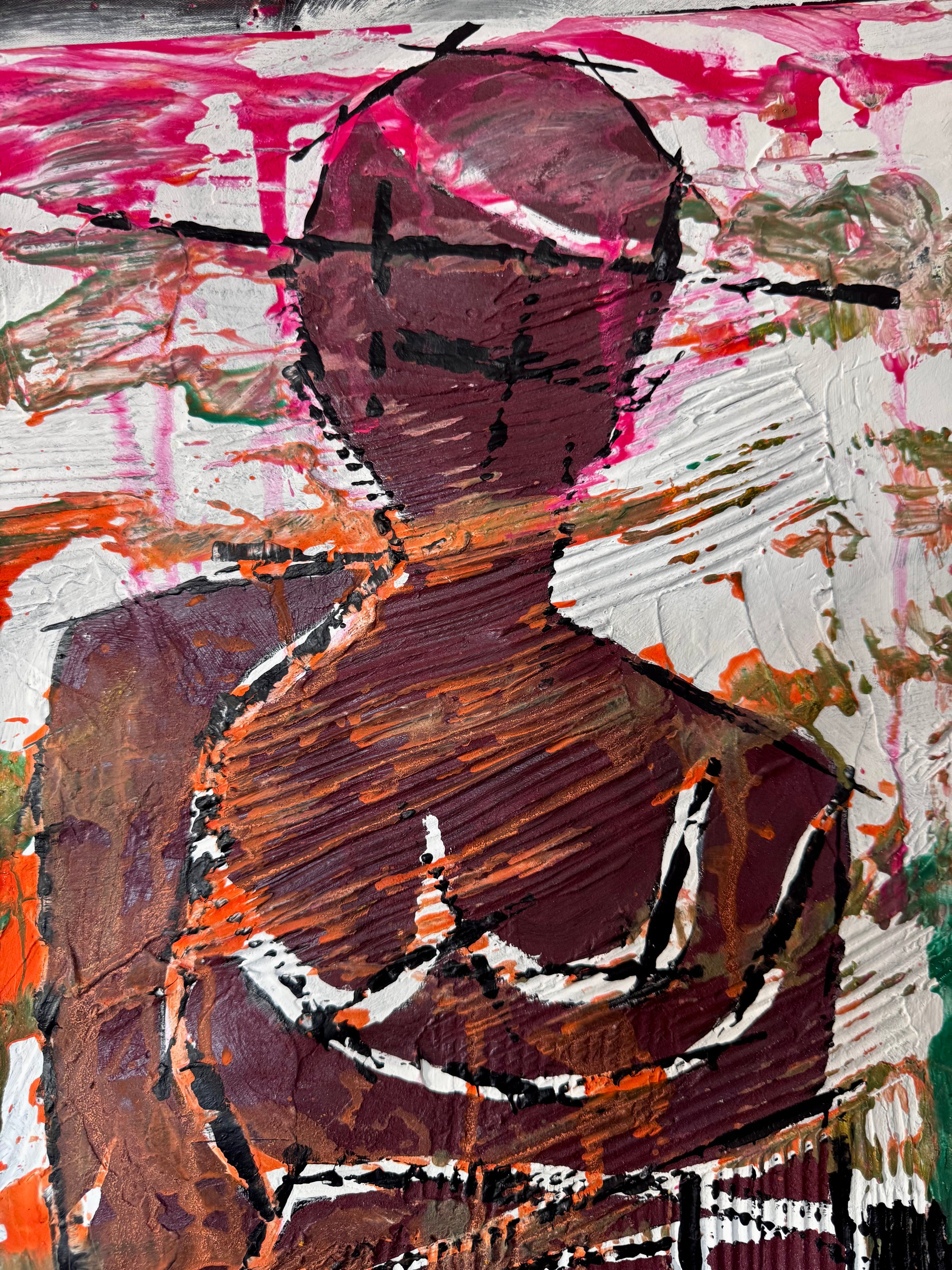 Neo-Expressionist Textured Figure Painting on Paper, 20x28 Inch Contemporary Abstract Artwork with Bold Acrylic Layers