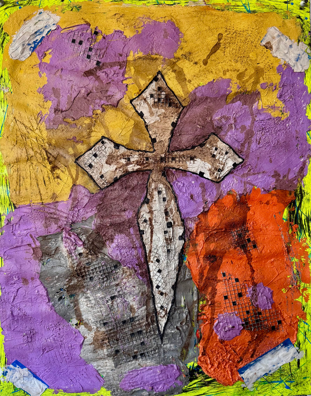 Textured Abstract Cross Art 22x28 Mixed Media Impasto Wall Decor Bold Contemporary Statement Painting