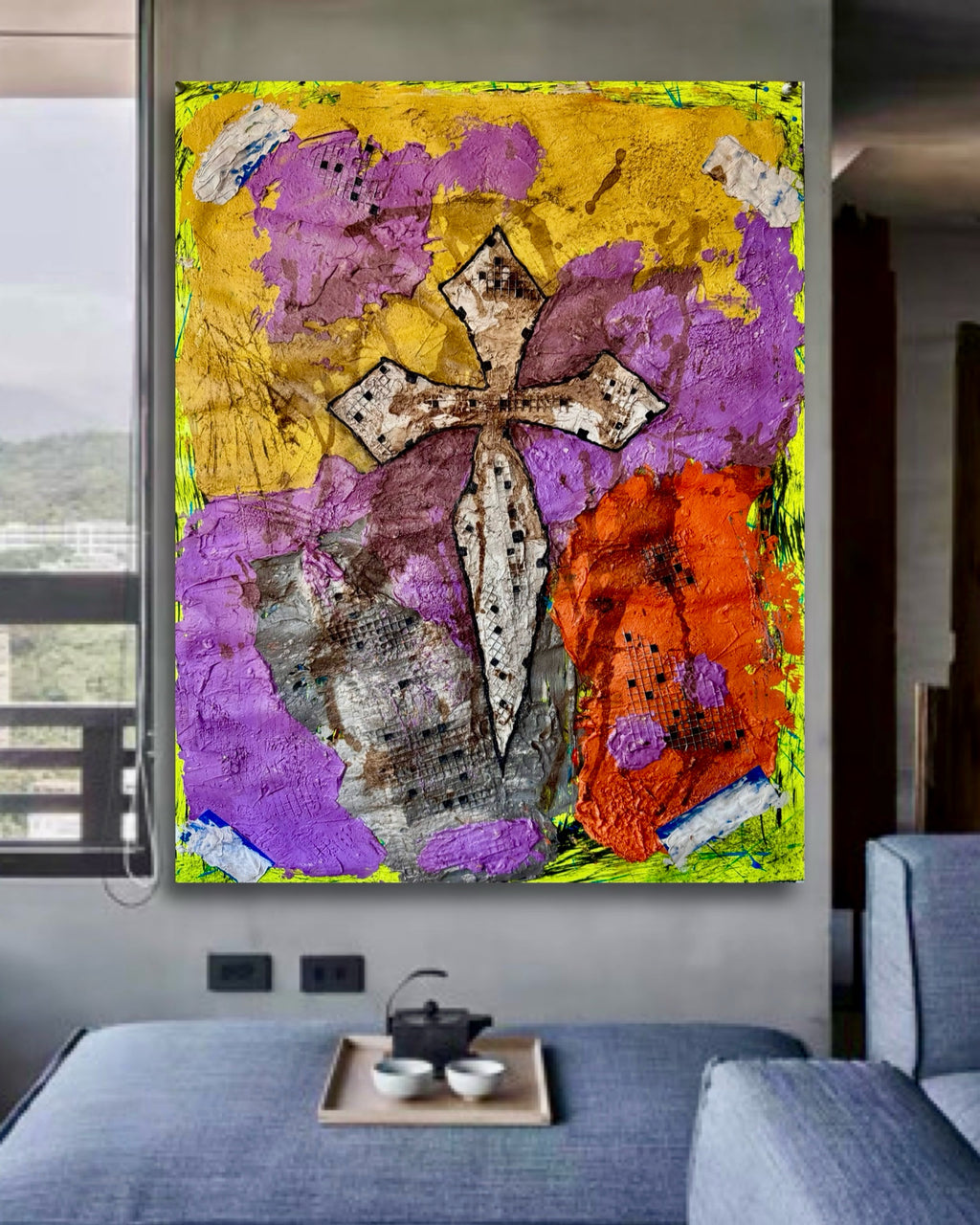 Textured Abstract Cross Art 22x28 Mixed Media Impasto Wall Decor Bold Contemporary Statement Painting