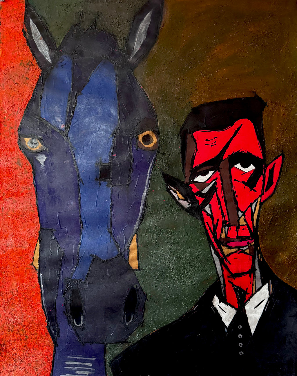 Neo-Expressionist Horse and Man Painting, 22x28 Acrylic Artwork, Signed by Artist