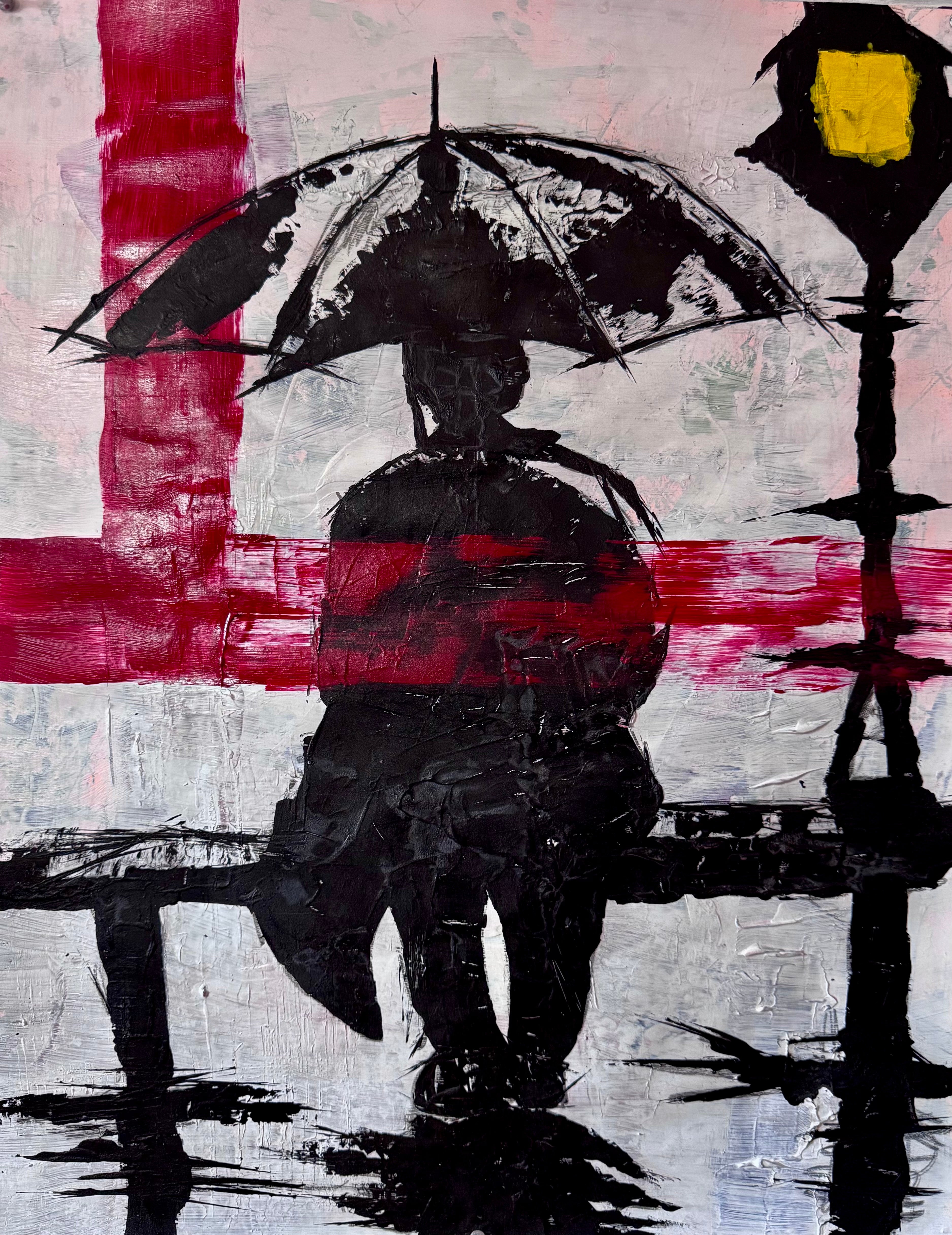 Neo Expressionist Figure Painting, Red Umbrella Silhouette, Textured Acrylic Wall Art (22x28)