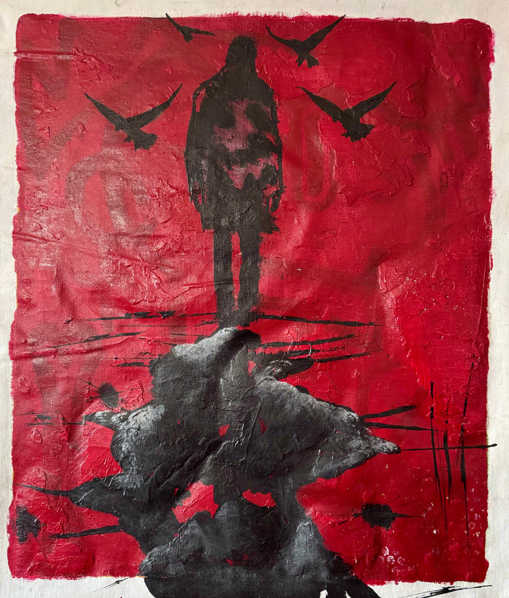 Neo Expressionist Red Canvas Art, Dark Figurative Painting, Textured Acrylic Wall Decor, Modern Emotional Statement Piece