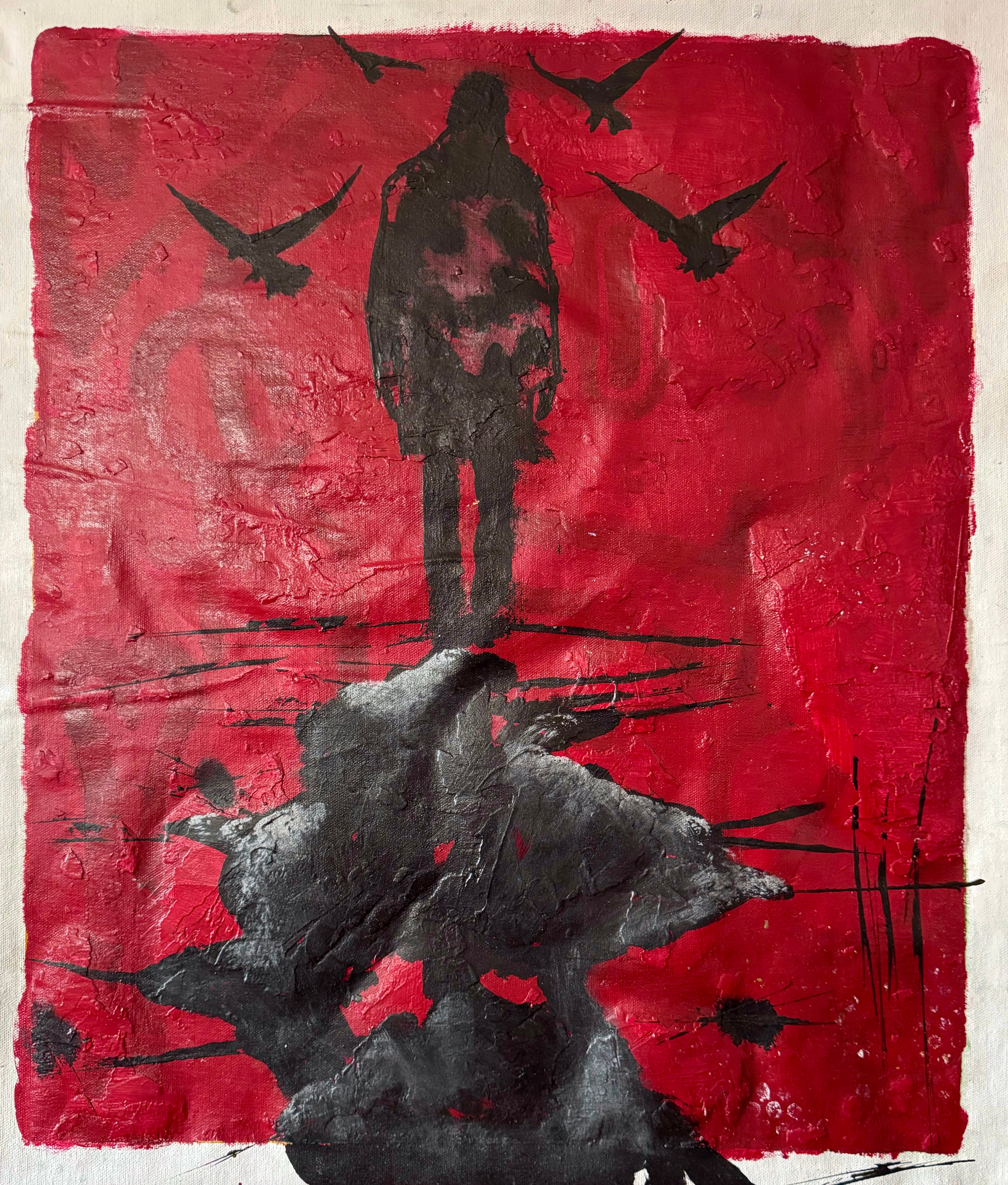 Neo Expressionist Red Canvas Art, Dark Figurative Painting, Textured Acrylic Wall Decor, Modern Emotional Statement Piece