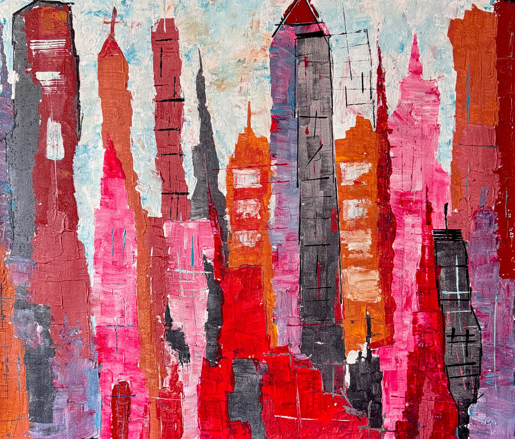Abstract New York Cityscape Painting, Textured Acrylic Canvas Art (28x23 inch)