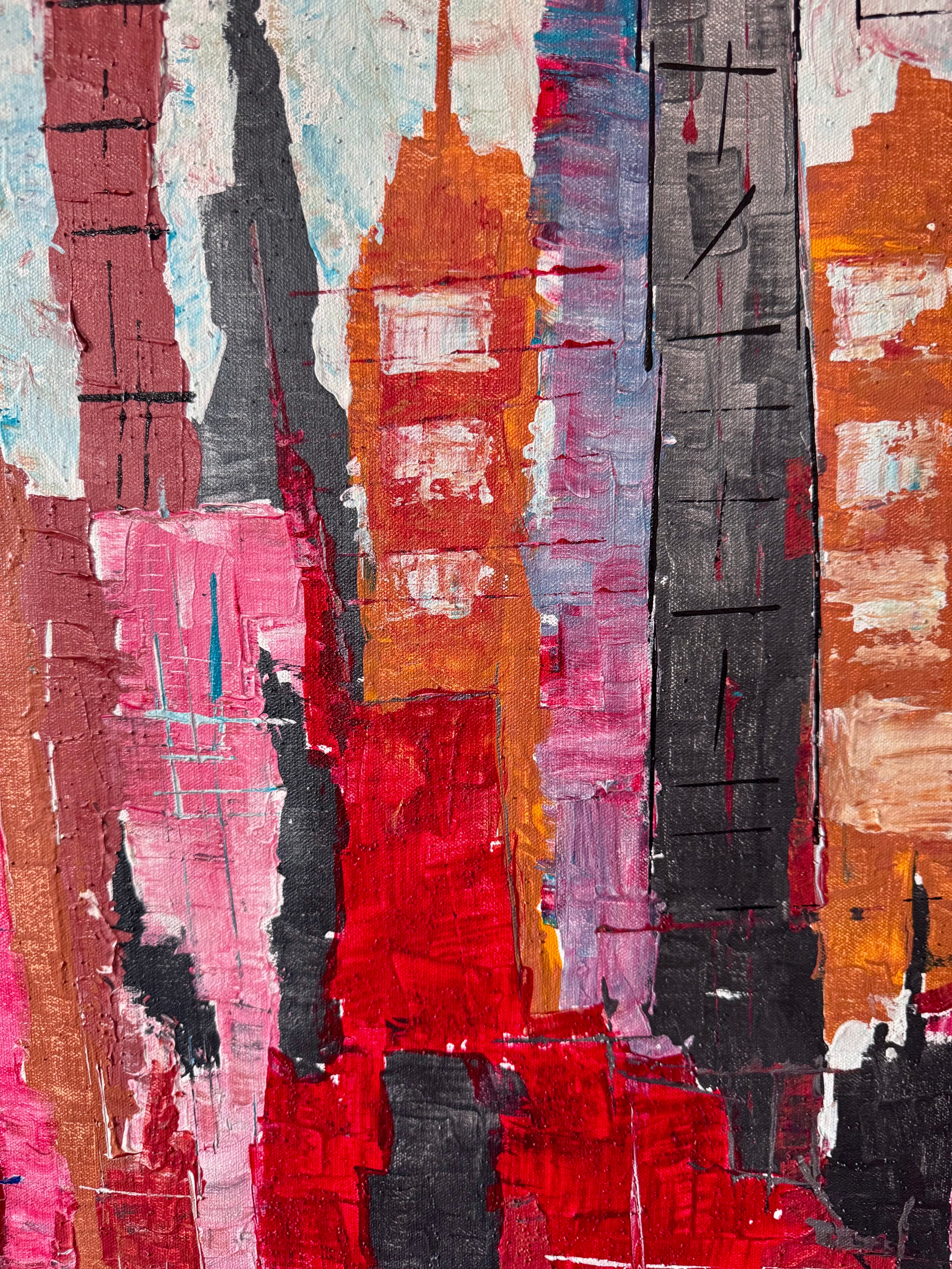 Abstract New York Cityscape Painting, Textured Acrylic Canvas Art (28x23 inch)
