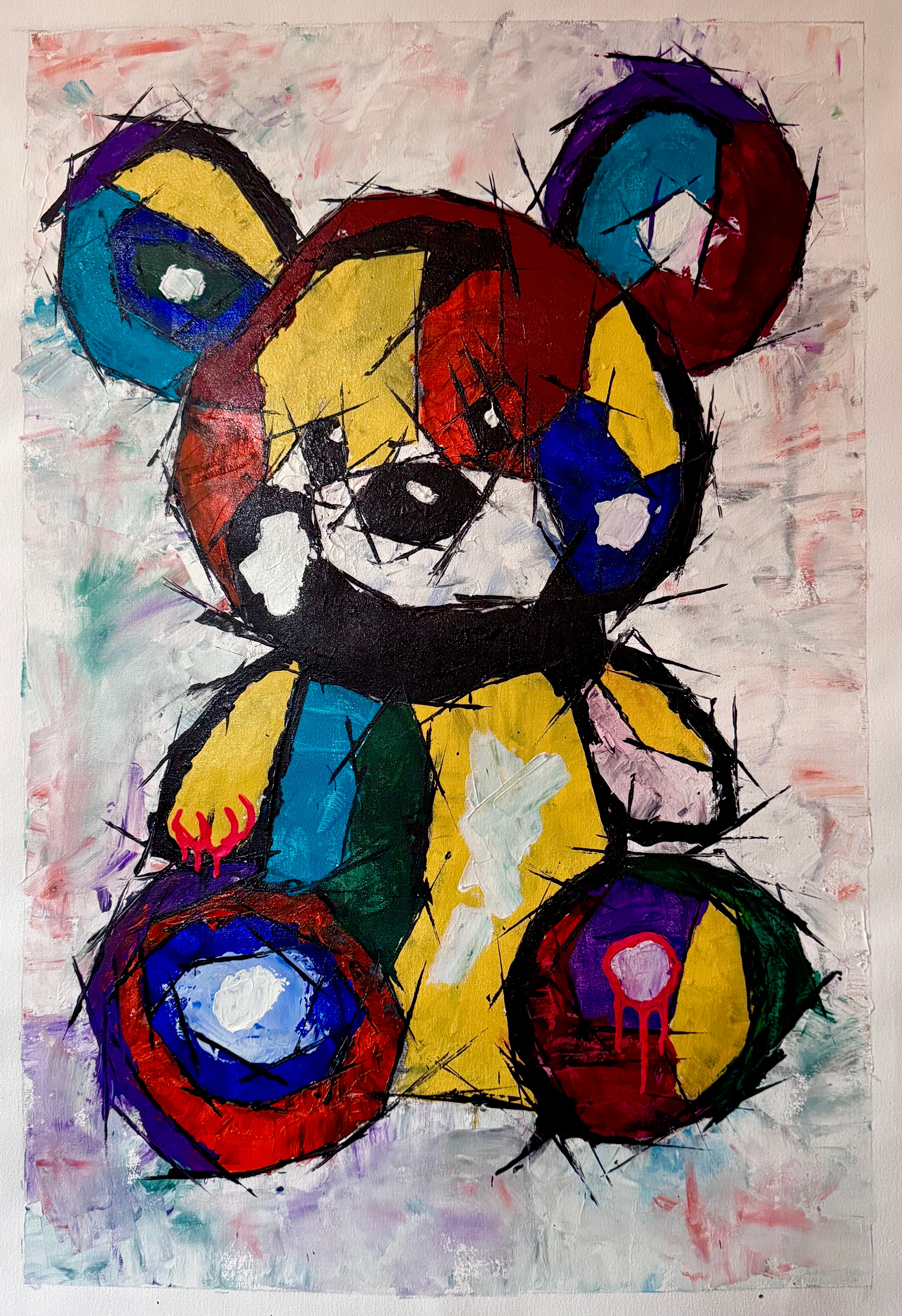 Experionis - Expressionist Abstract Teddy Bear Painting (24x36 inch)