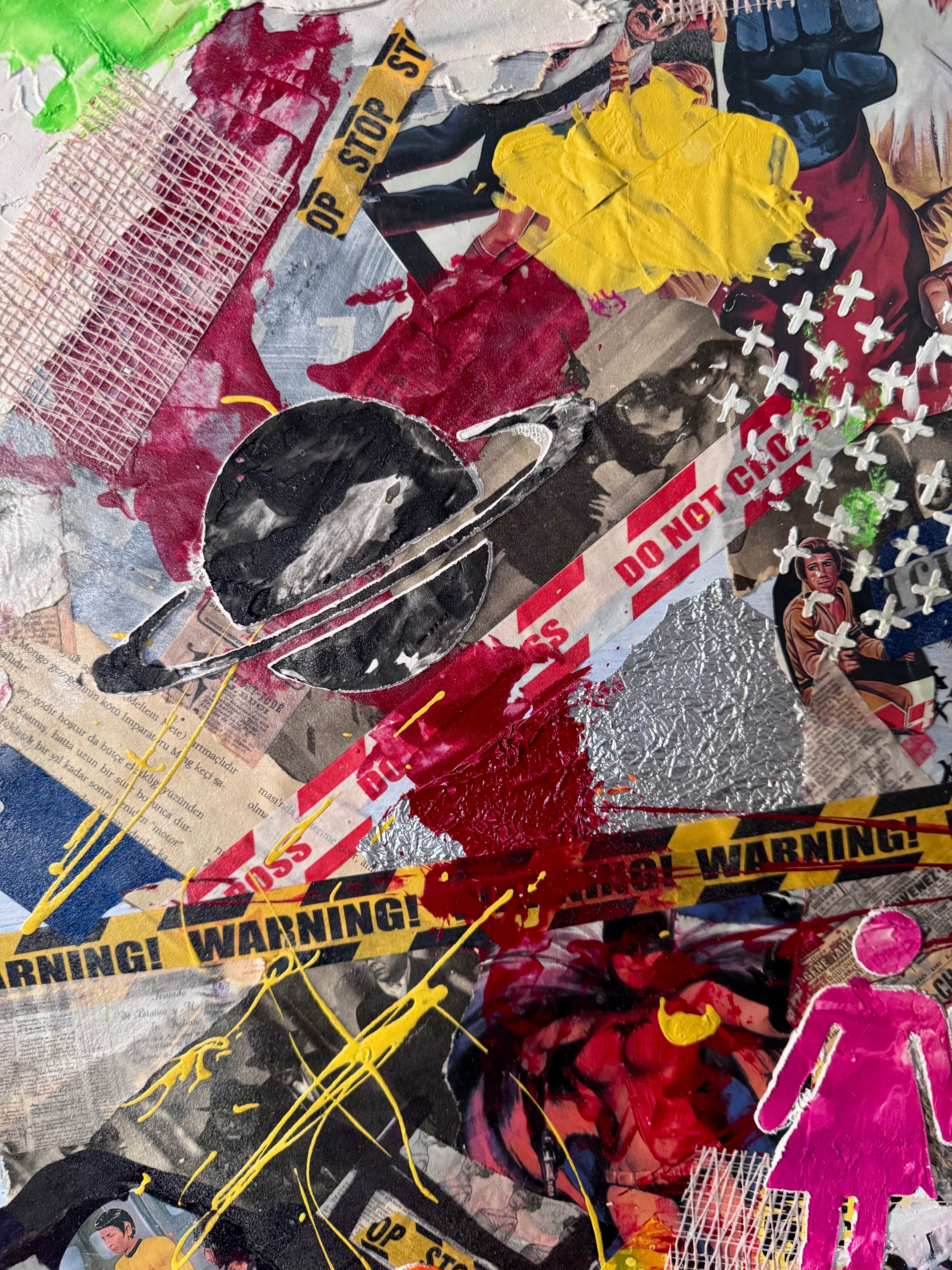 Urban Chaos Mixed Media Art – Warning Tape Pop Culture Collage, Textured Acrylic & Spray Street Style Contemporary Statement Piece