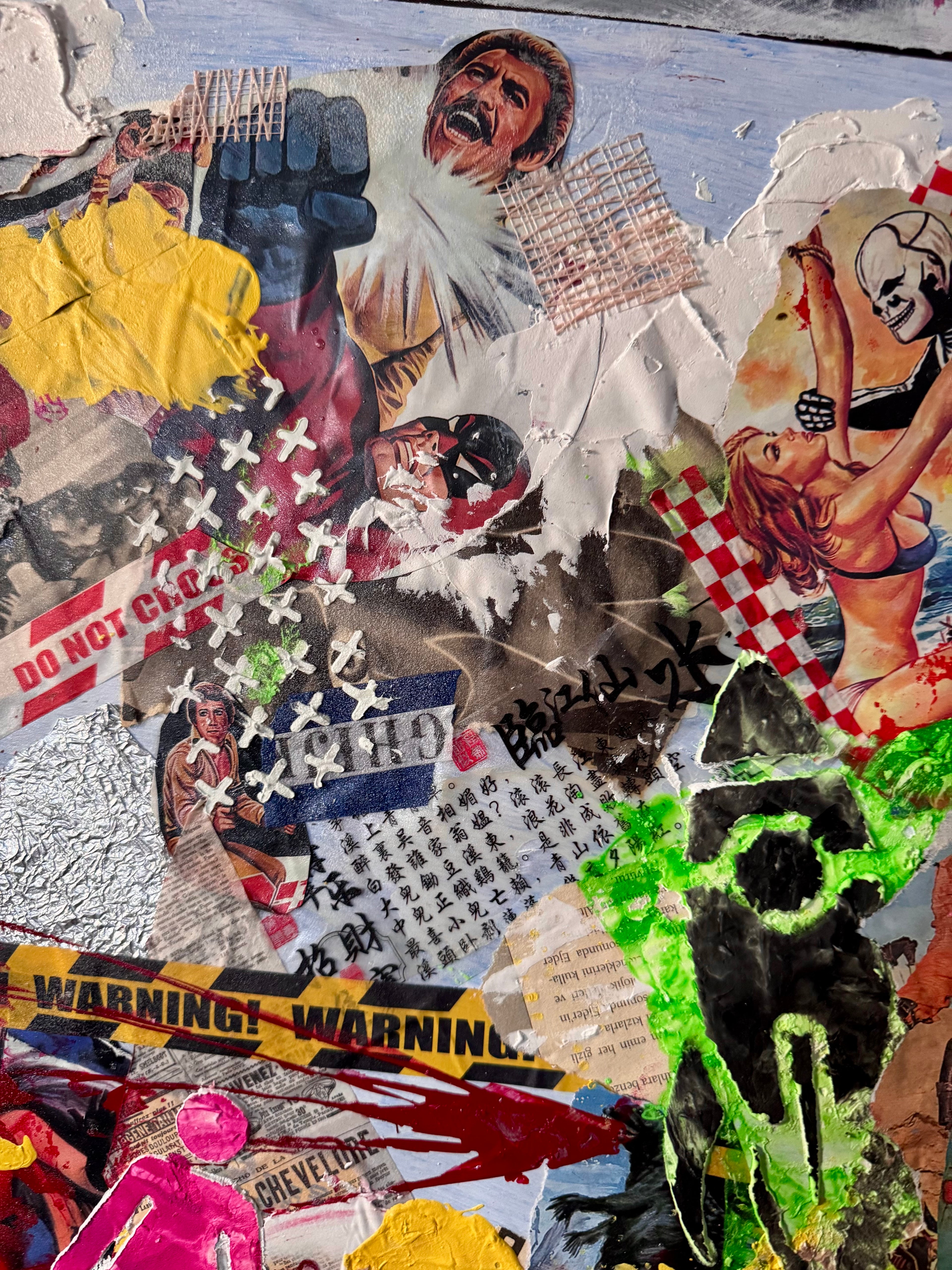 Urban Chaos Mixed Media Art – Warning Tape Pop Culture Collage, Textured Acrylic & Spray Street Style Contemporary Statement Piece