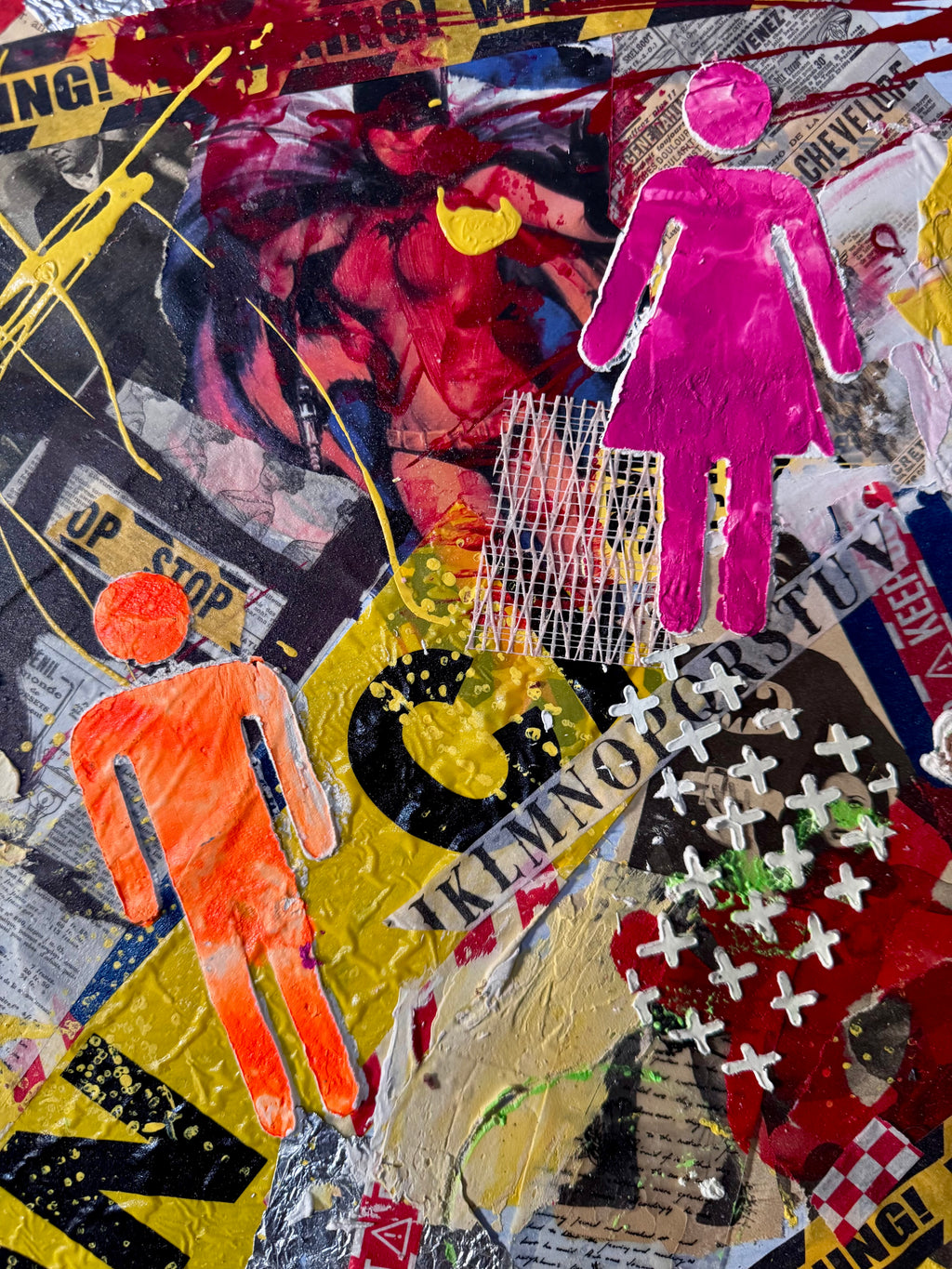 Urban Chaos Mixed Media Art – Warning Tape Pop Culture Collage, Textured Acrylic & Spray Street Style Contemporary Statement Piece