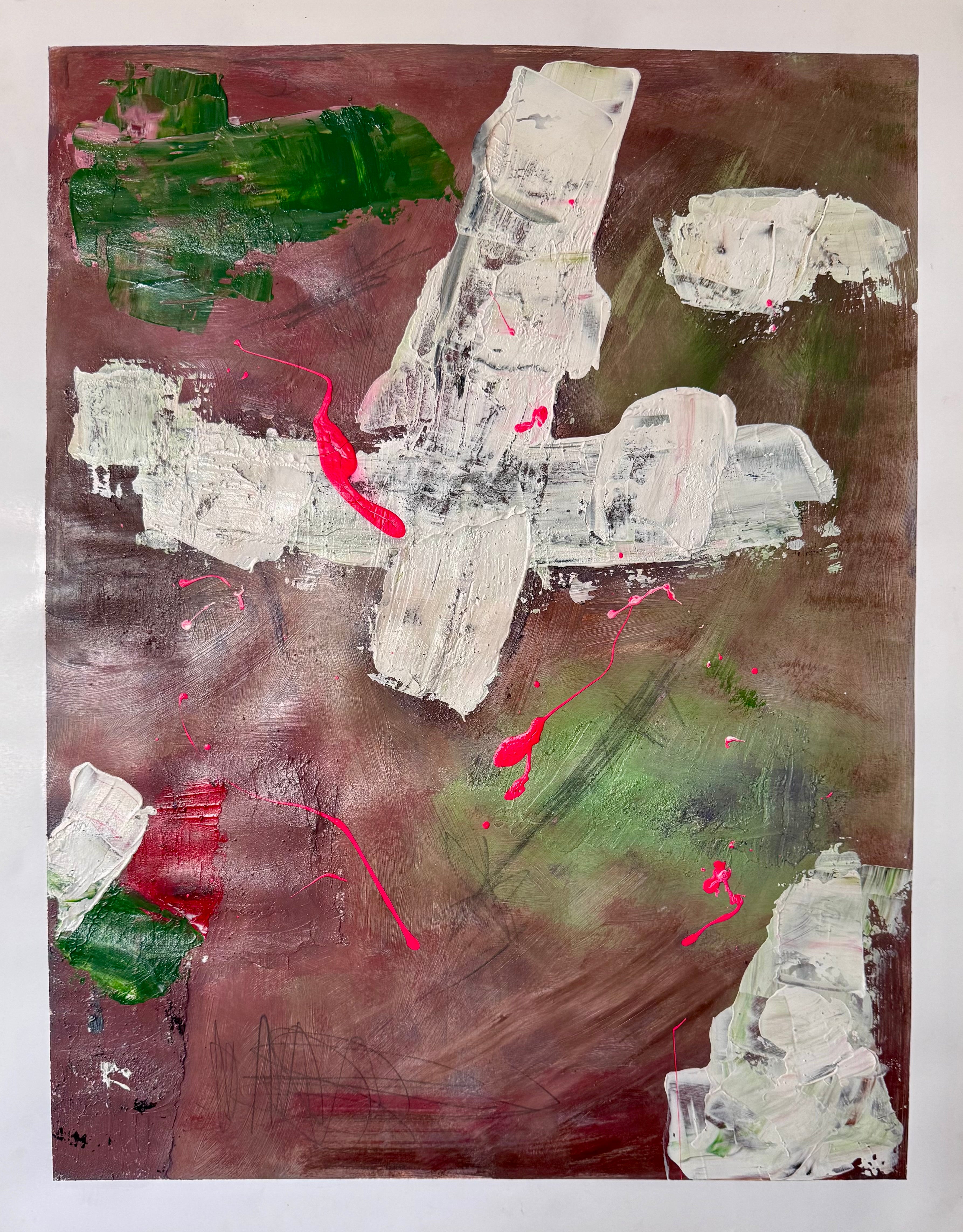 Textured Abstract Cross Painting with Neon Splashes, 22x28 Mixed Media on Poster Paper, Contemporary Expressionist Art