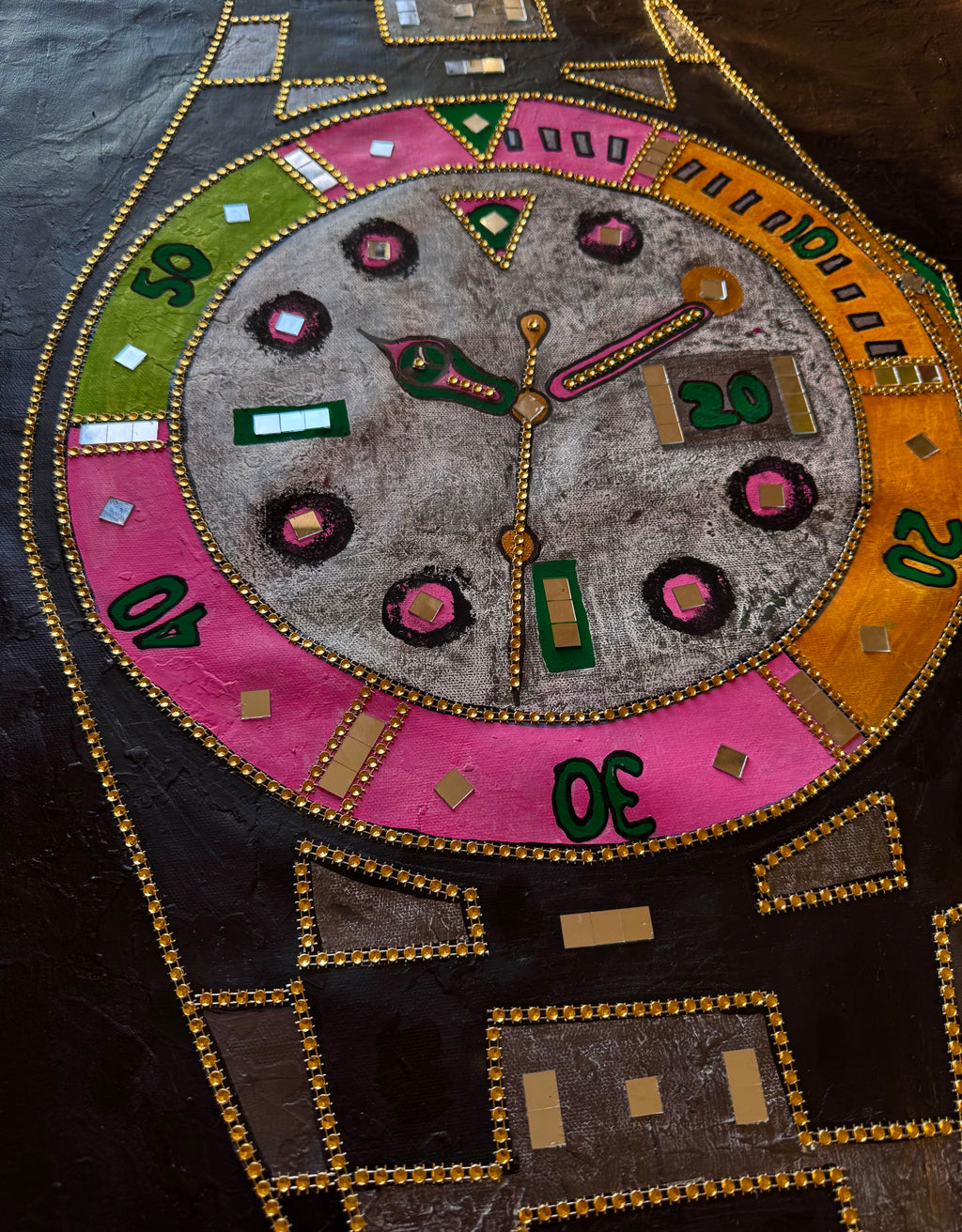 Pop Art Watch Mixed Media Painting, Glass Details, Signed Statement Artwork