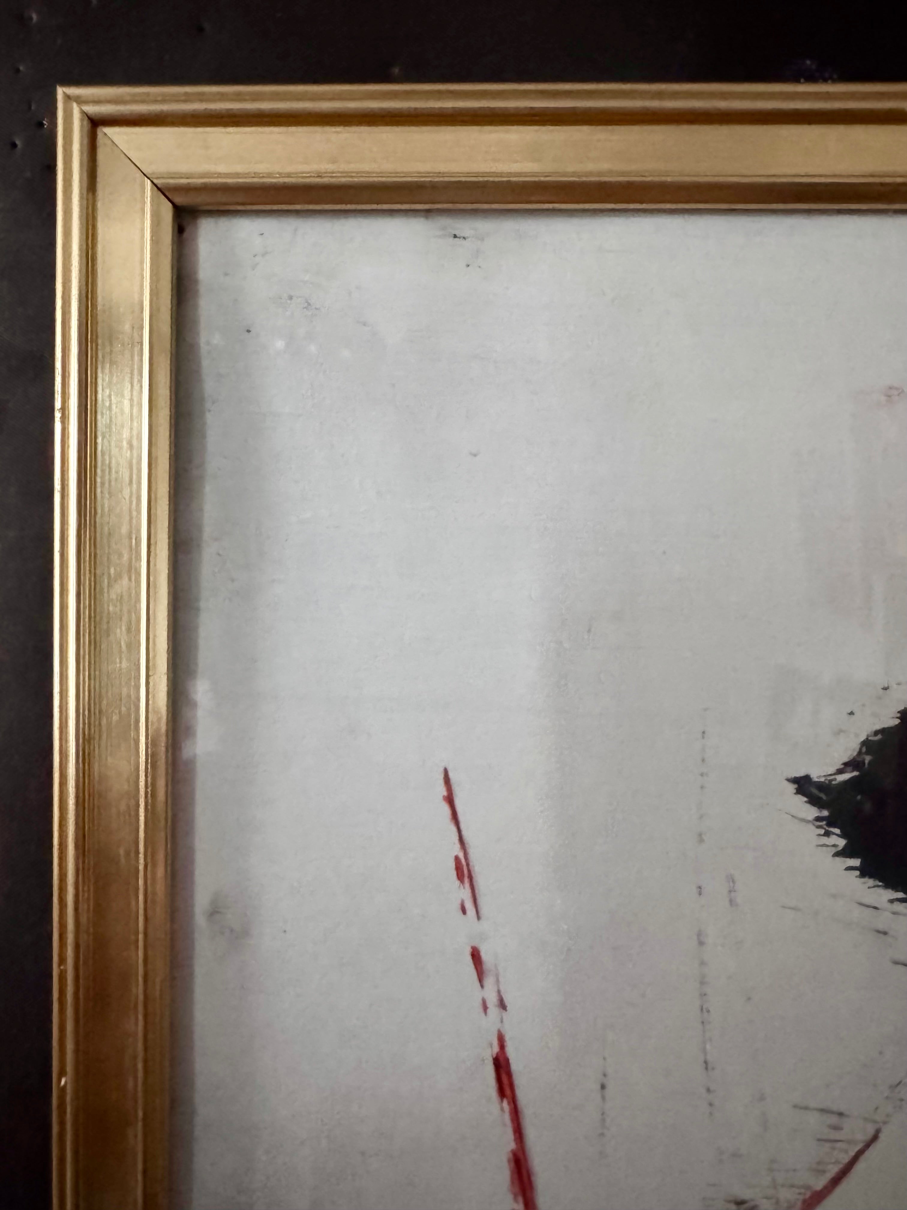 Framed Neo Expressionist Figurative Painting, Gold Metal Frame, Textured Acrylic Art, Black and Red Contemporary Wall Decor