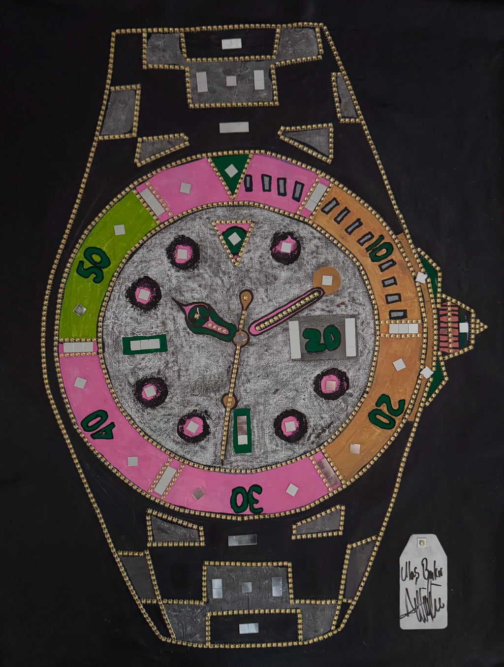 Pop Art Watch Mixed Media Painting, Glass Details, Signed Statement Artwork