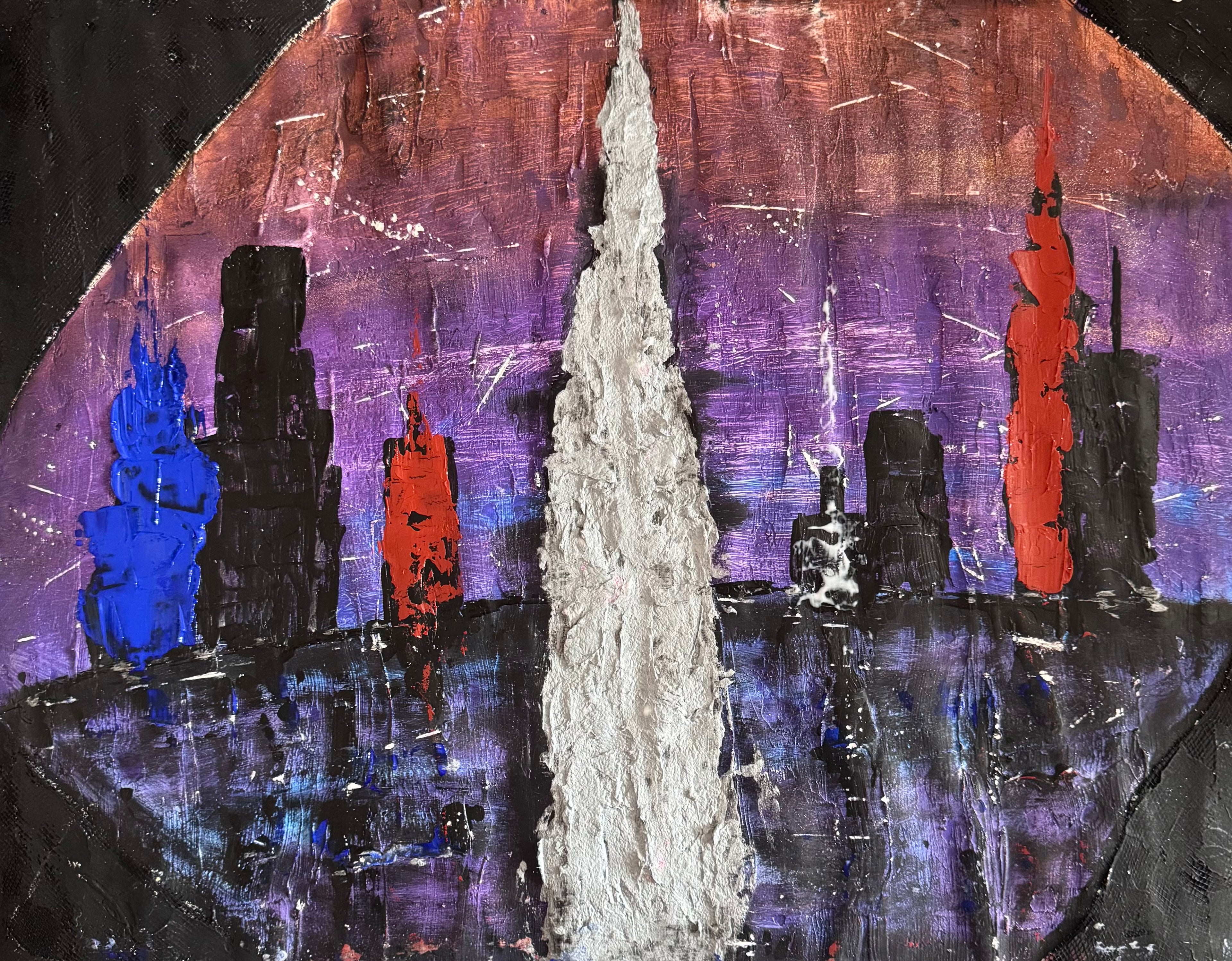 Abstract Urban Skyline Silhouette Painting | Textured Mixed Media Cityscape on Reinforced Paper | Contemporary Expressionist Art