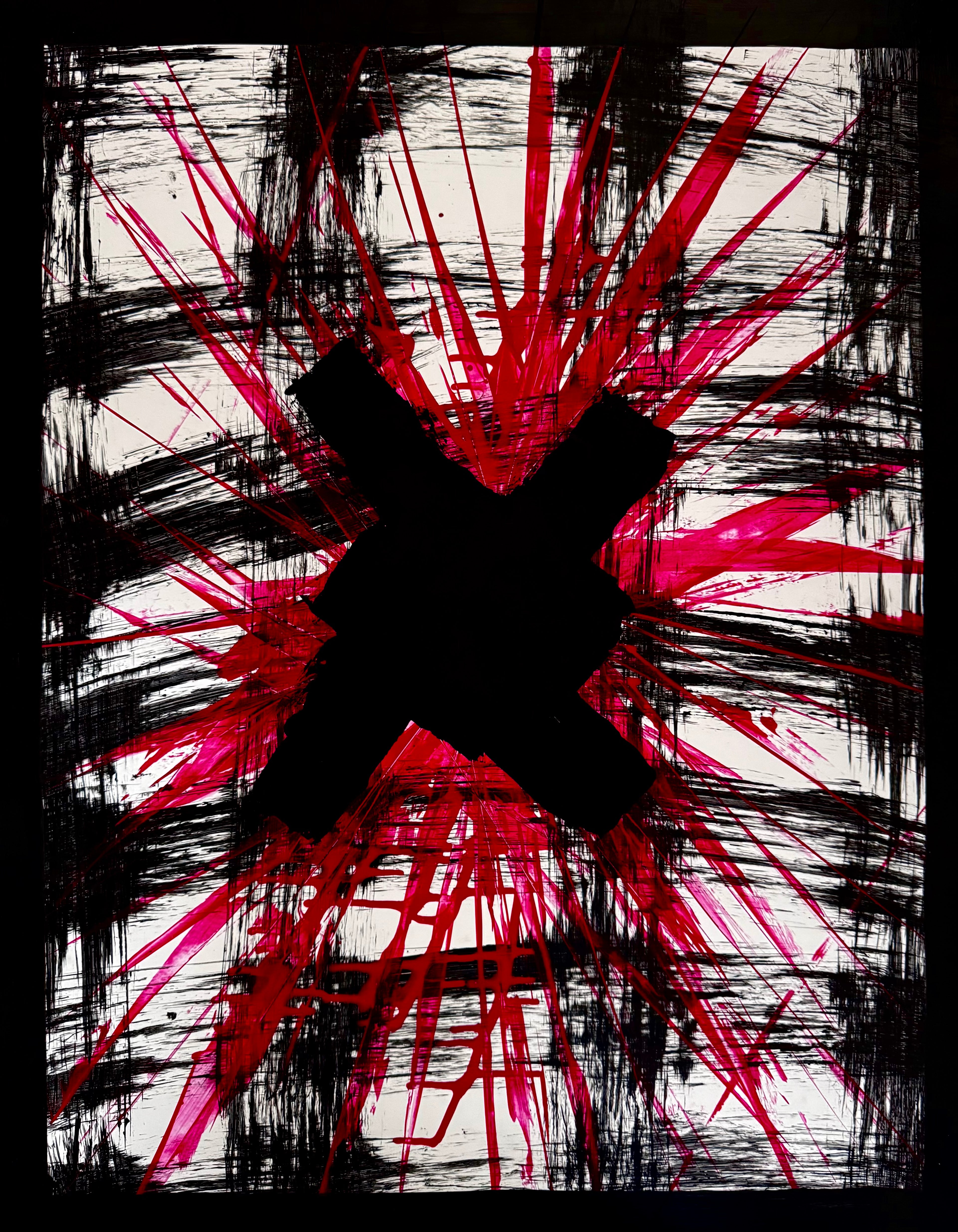 Abstract Red Energy Burst Painting, Textured Acrylic on Poster, Bold Black X, Modern Art