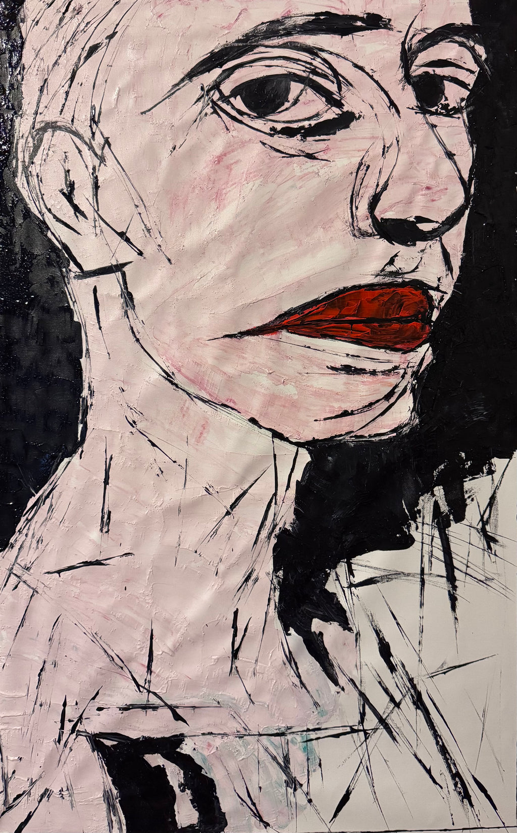 Silent Crimson Gaze – 24x40 Inches Original Abstract Expressionist Acrylic Portrait on Canvas with Palette Knife Texture
