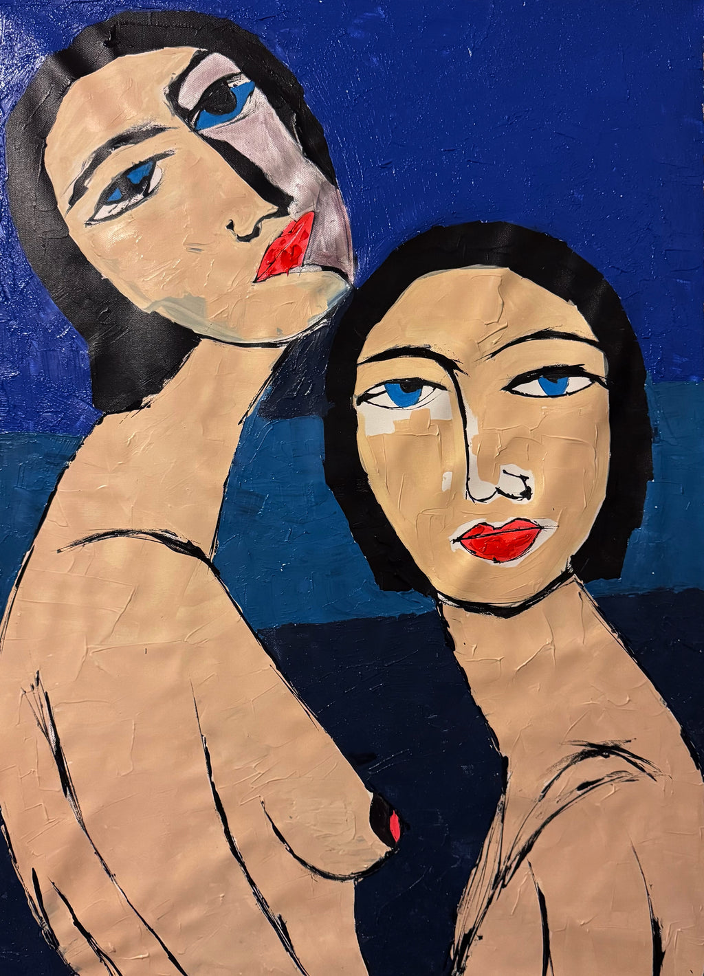 Original Neo-Expressionist Acrylic Canvas Painting, Two Women Portrait, Handmade Textured Wall Art, 26x36 Inches