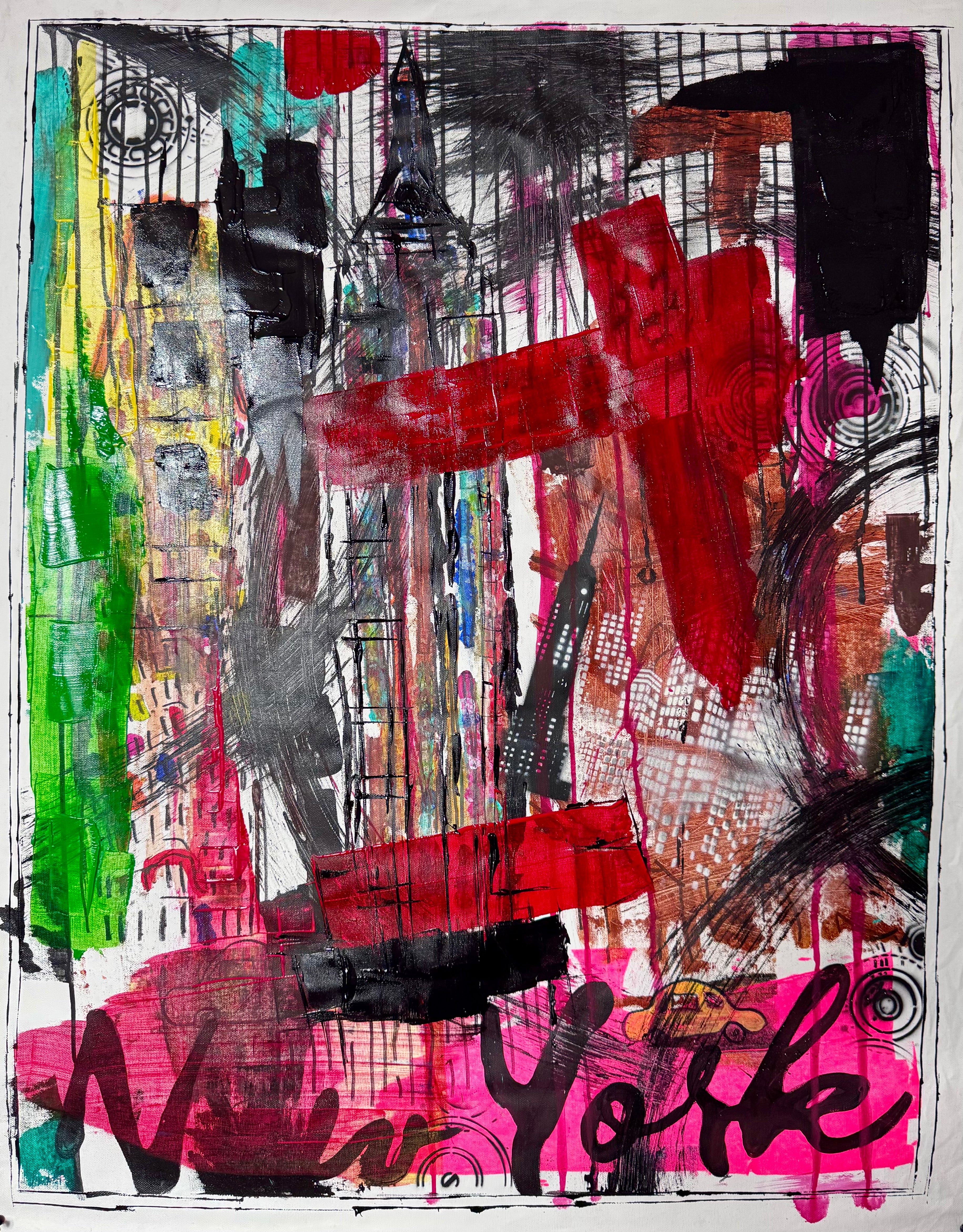 NYC Manhattan Skyline Abstract Painting | Original Neo-Expressionist Acrylic Canvas Artwork | Handmade Urban Art 28x36 inch