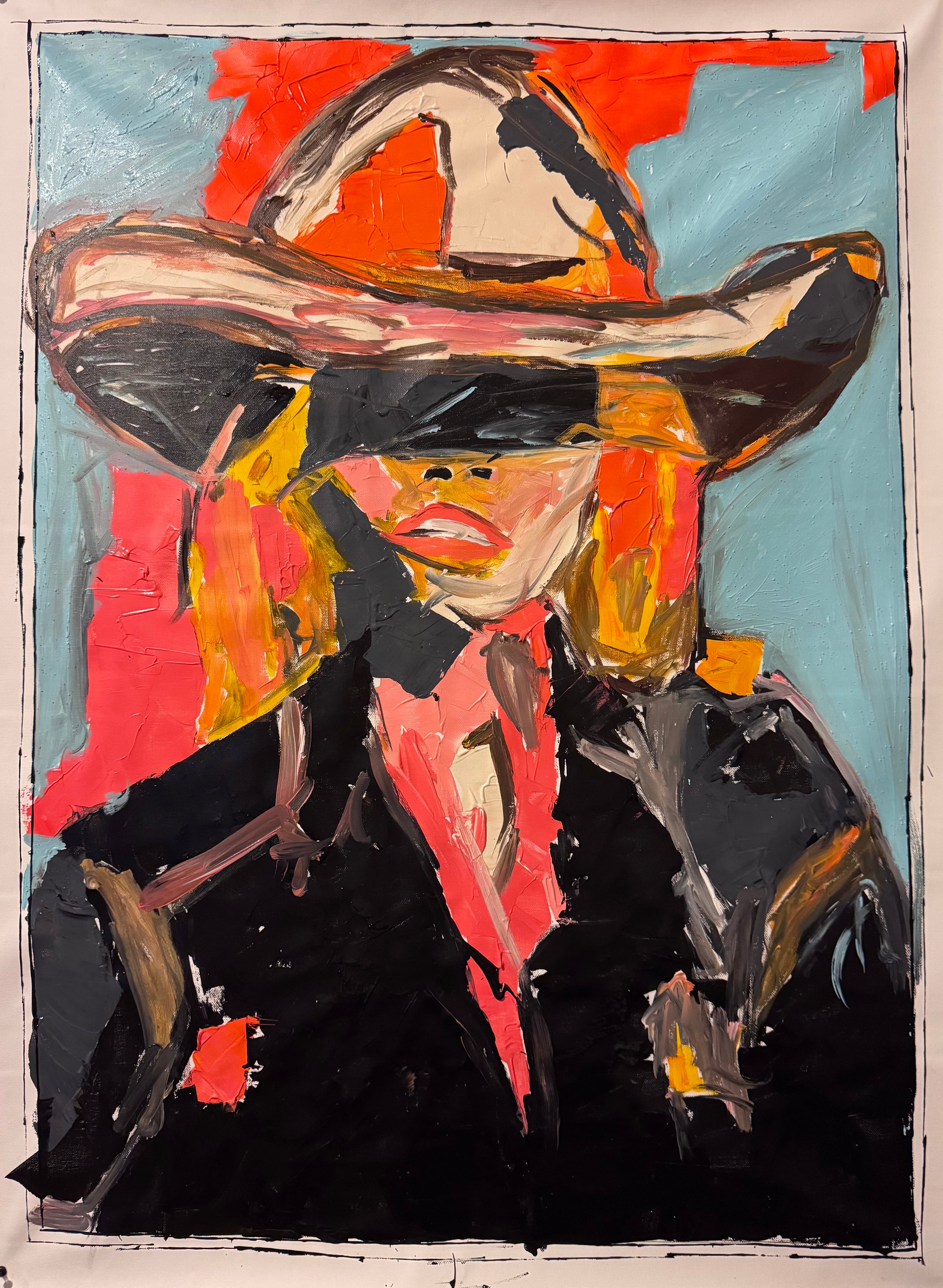 Neo-Expressionist Cowboy Girl Painting, Original Acrylic Canvas Art, Handmade Abstract Western Portrait, 26x36 Inches