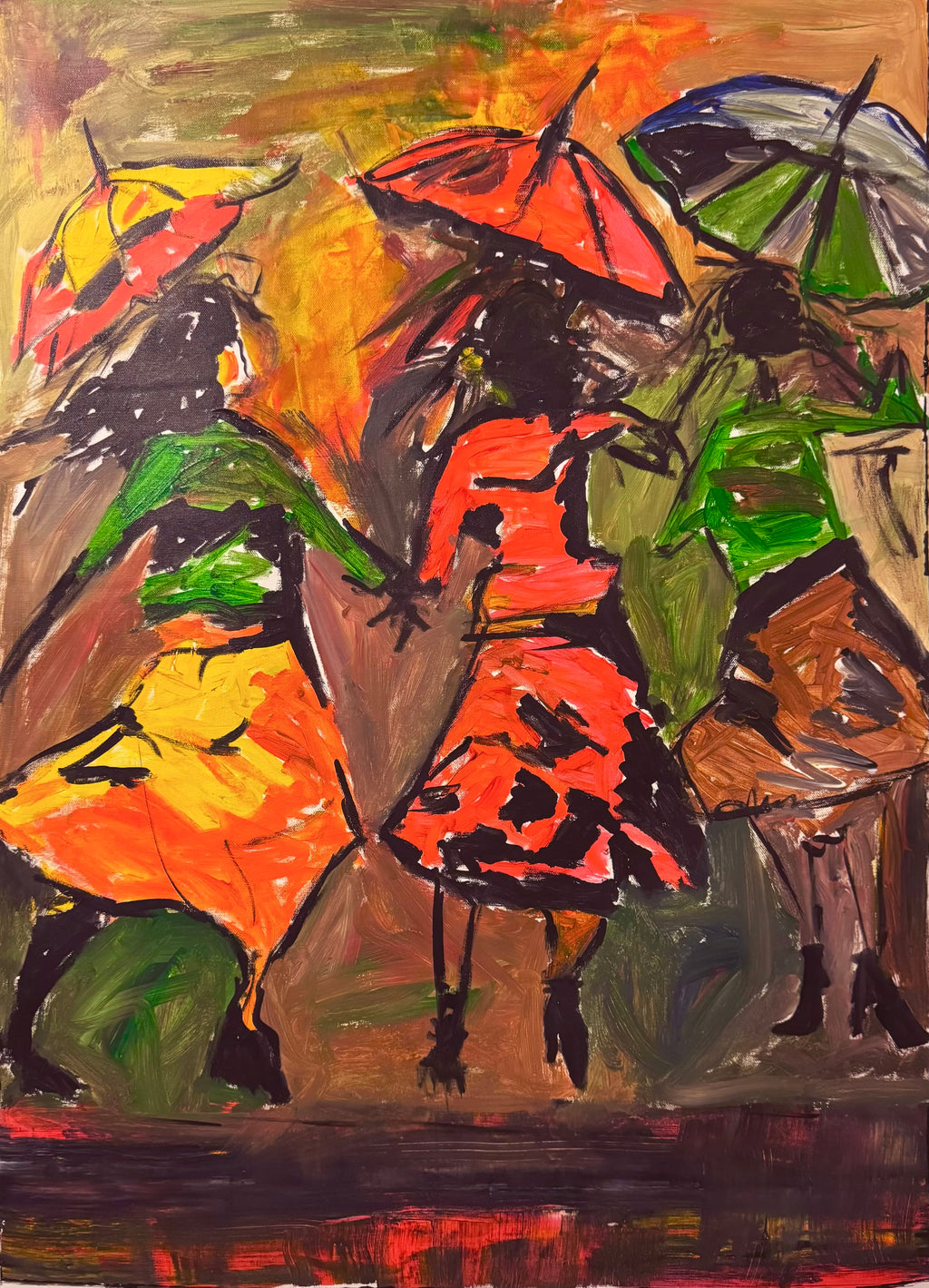 Expressionist Abstract Umbrella Scene Original Acrylic Painting on Canvas 26x36 | Hand-Painted Contemporary Artwork
