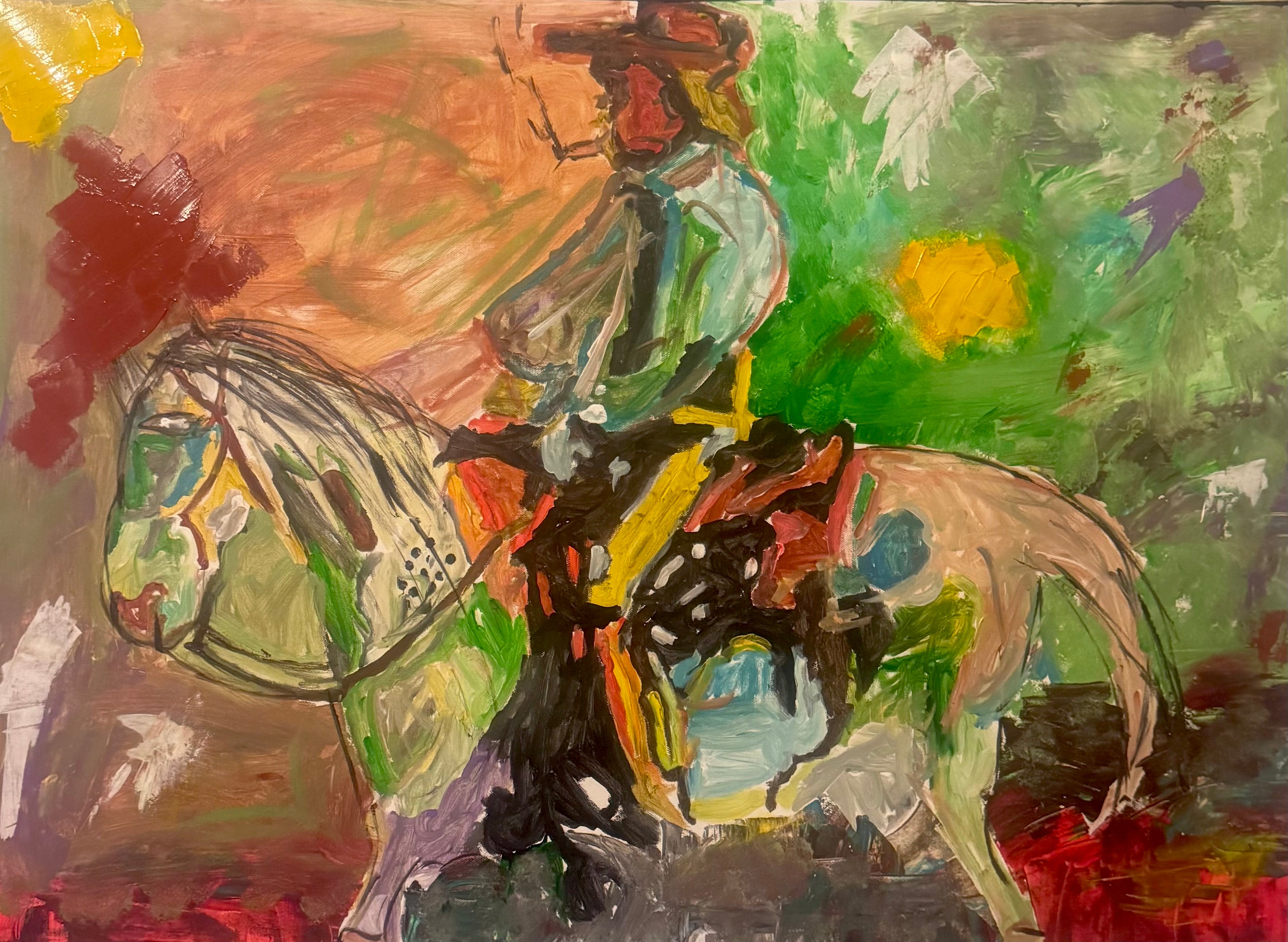 Abstract Expressionist Horse & Rider Painting, 26x36 Original Acrylic on Canvas, Textured Palette Knife Artwork