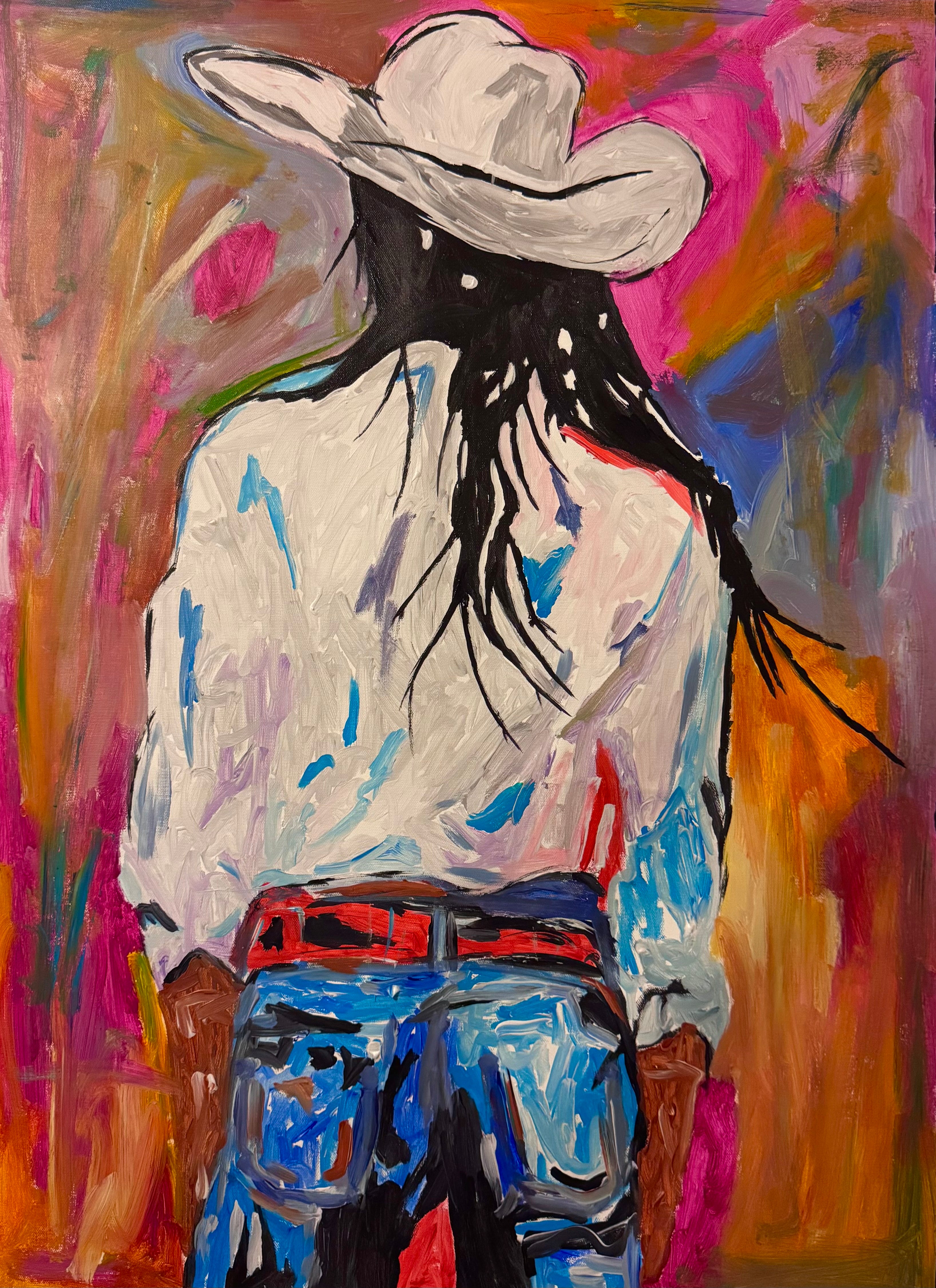 Cowgirl Spirit | Original 26x36 Abstract Western Acrylic Painting on Canvas | Colorful Contemporary Cowgirl Artwork