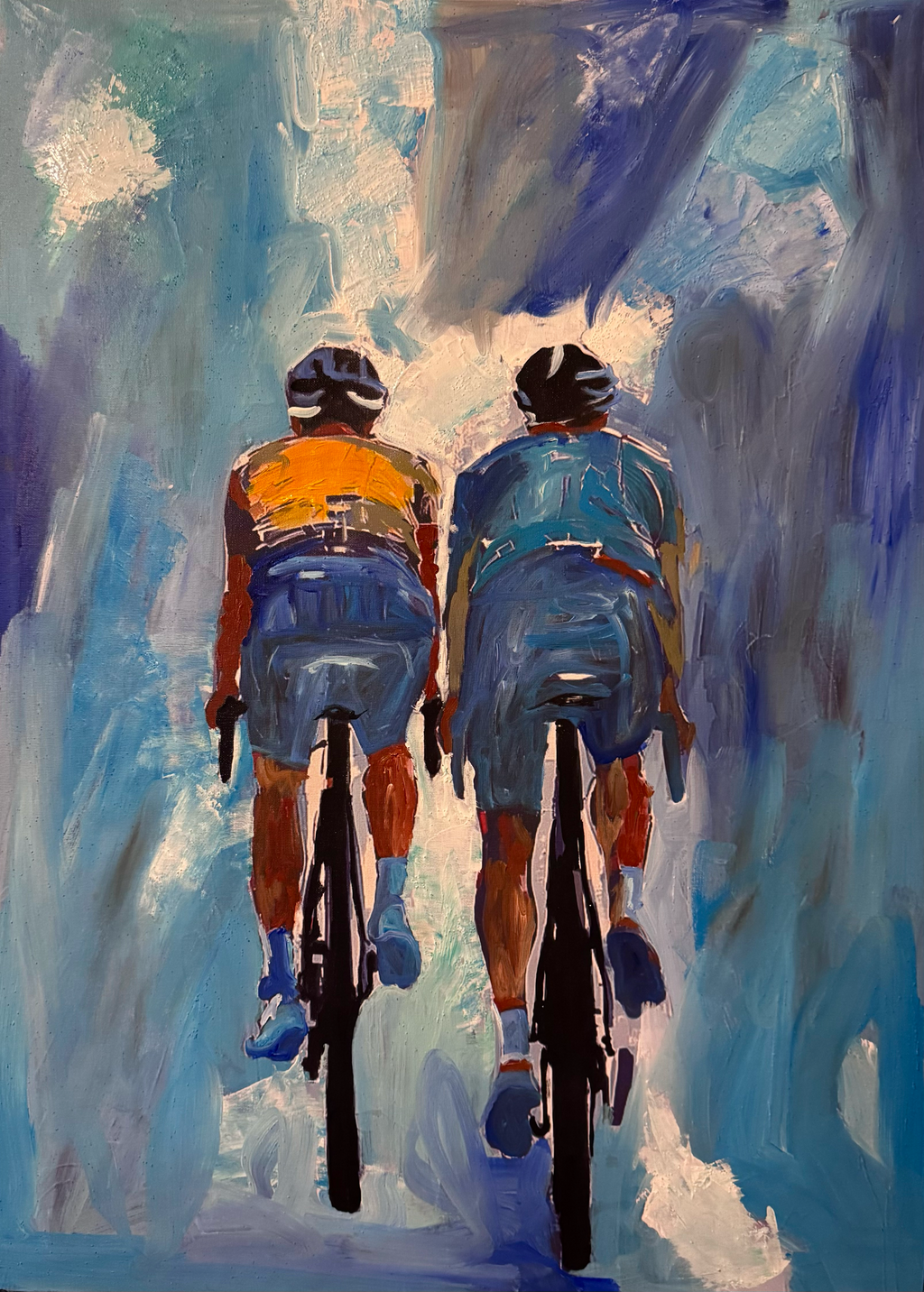 Abstract Cycling Duo | Original Acrylic Painting on Canvas | Palette Knife & Brush | 26x36 Contemporary Sports Wall Art
