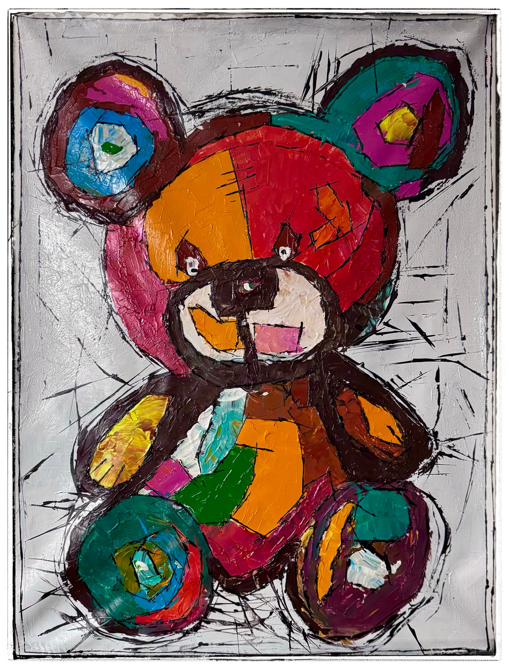 Original Abstract Expressionist Teddy Bear Painting | 26x36” Acrylic on Canvas | Hand-Painted Modern Pop Art Animal