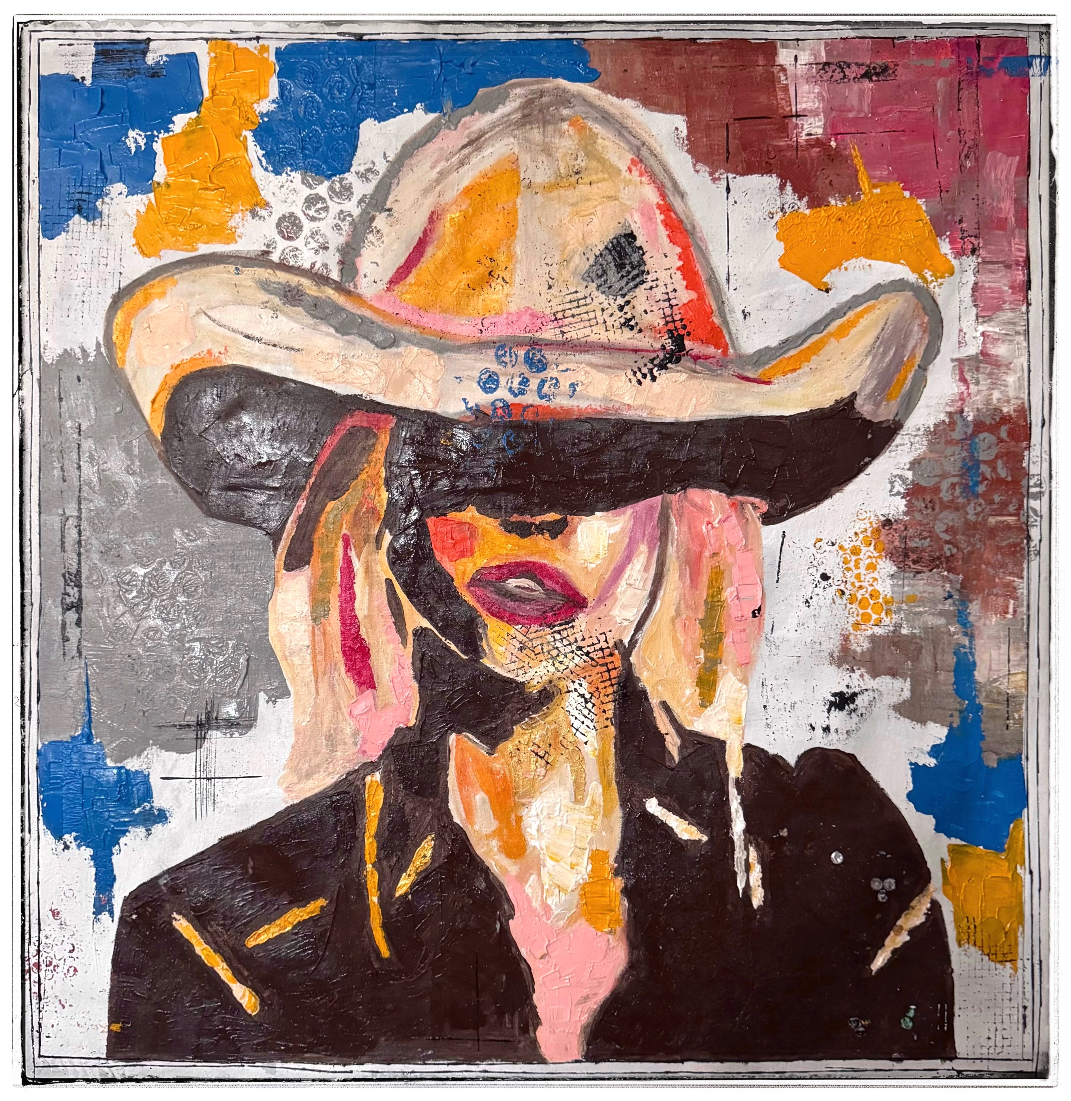 Abstract Expressionist Cowgirl Painting | 34x34 Inch Acrylic on Canvas | Hand-Painted with Brush & Palette Knife