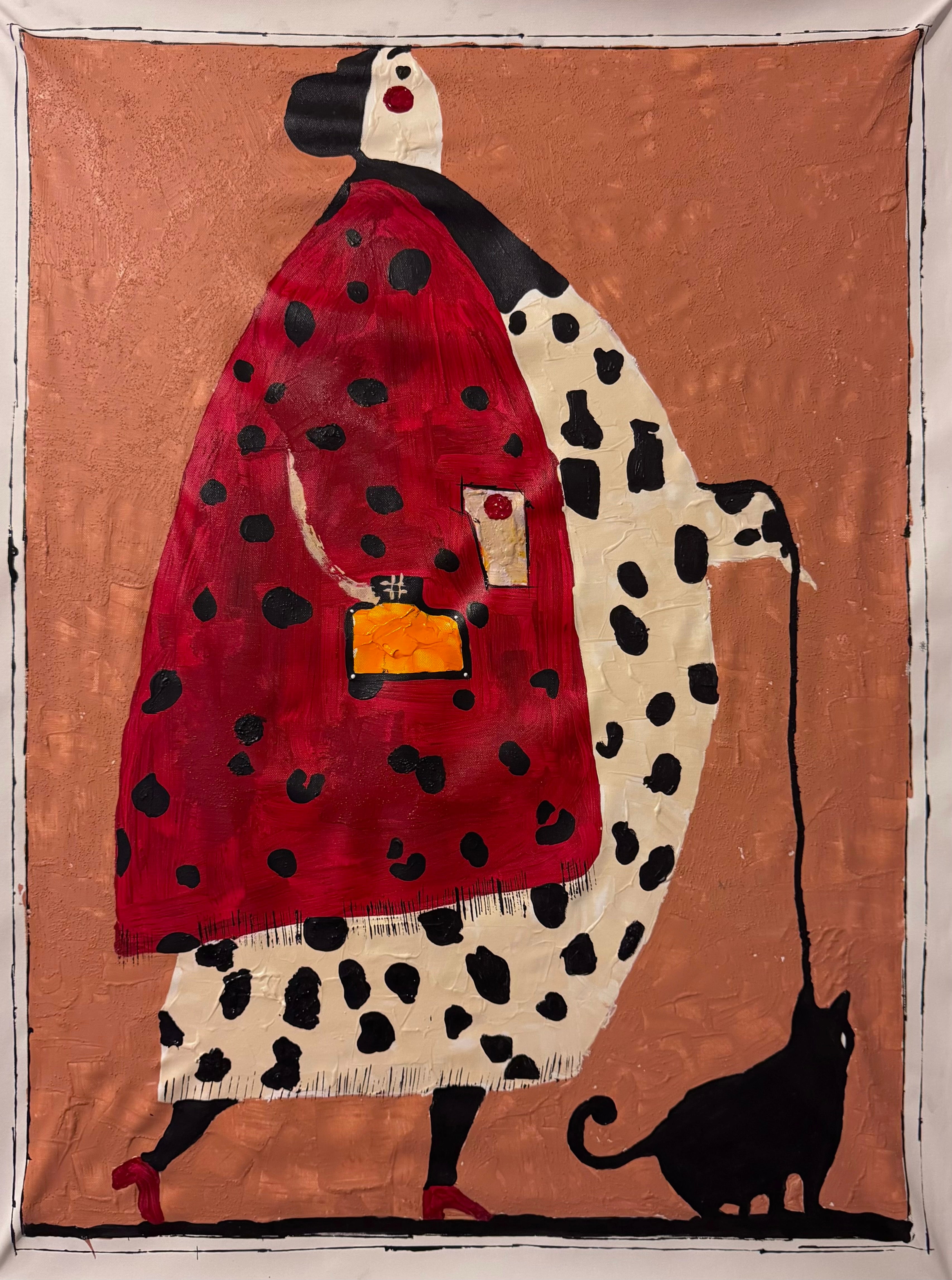 Abstract Expressionist Woman with Black Cat | Textured Acrylic Painting on Canvas | Hand-Painted 26x36 Inch Artwork