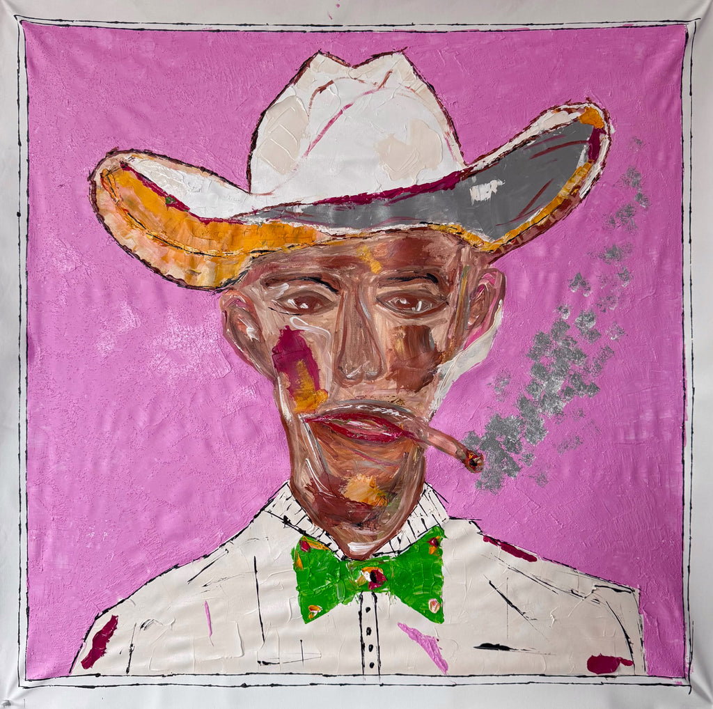 Abstract Expressionist Cowboy | Original 34x34” Hand-Painted Acrylic on Canvas | Textured Palette Knife & Brush Artwork