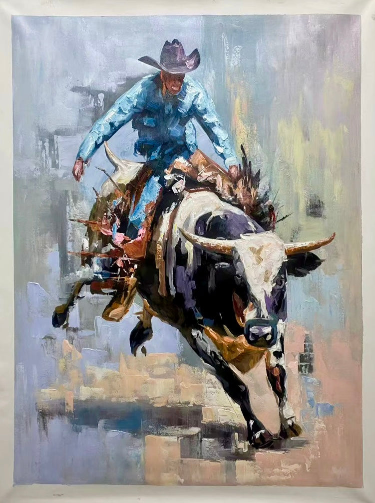 Original Bull Rider Cowboy Painting | 26x36 Acrylic on Canvas | Palette Knife & Brush | Western Rodeo Wall Art | Handmade