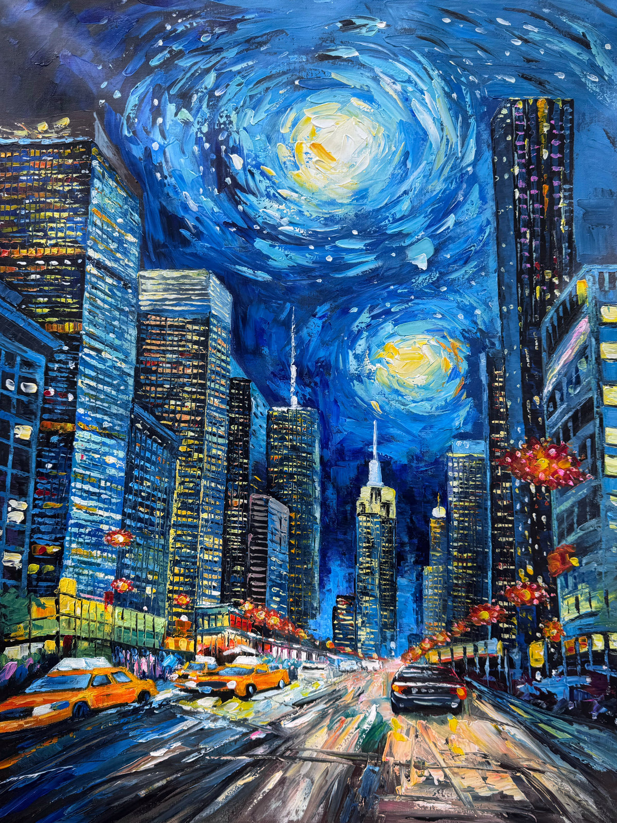 Original Manhattan Night Skyline Painting, Textured NYC Acrylic Canvas Art