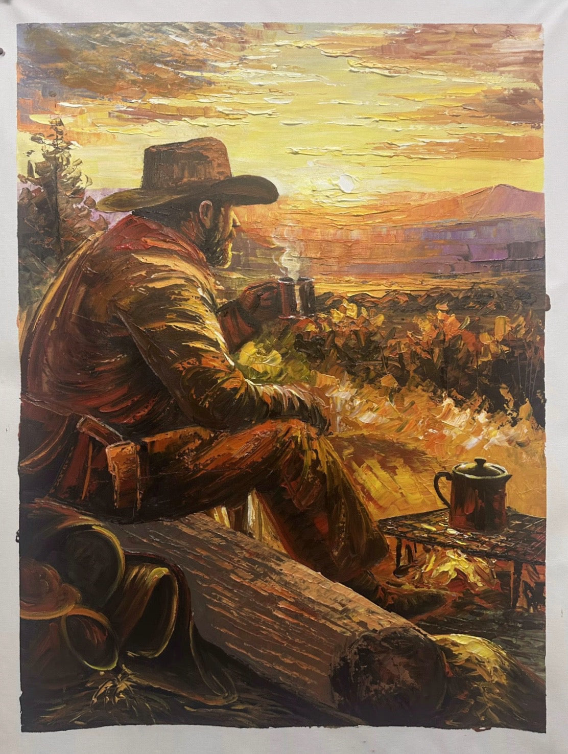 Abstract Expressionist Cowboy at Sunset Original Acrylic Painting on Canvas 26x36 Western Art Handmade Textured Wall Decor