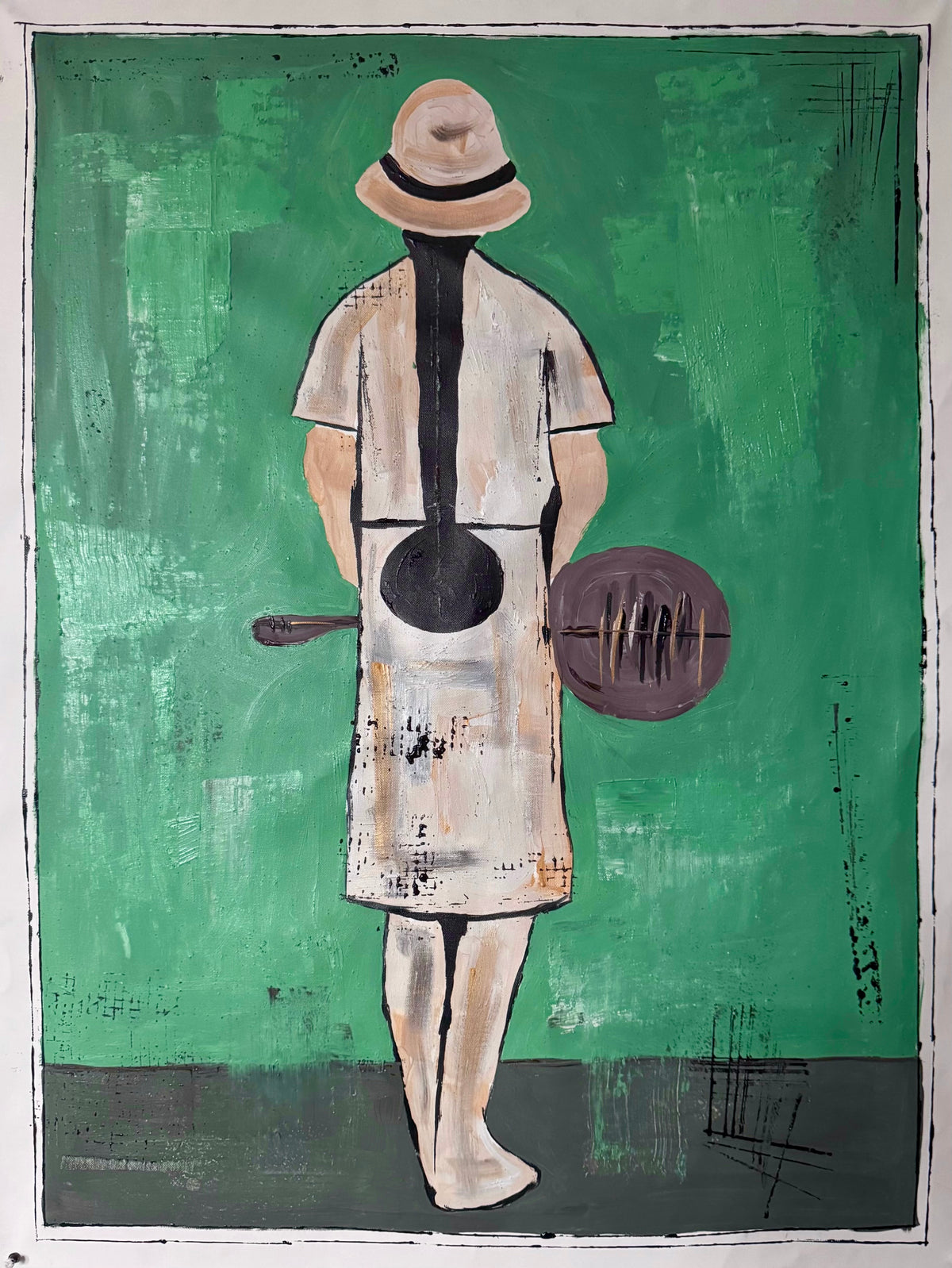 Green Solitude – 26x36 Original Abstract Expressionist Figure Painting, Acrylic Palette Knife & Brush Art