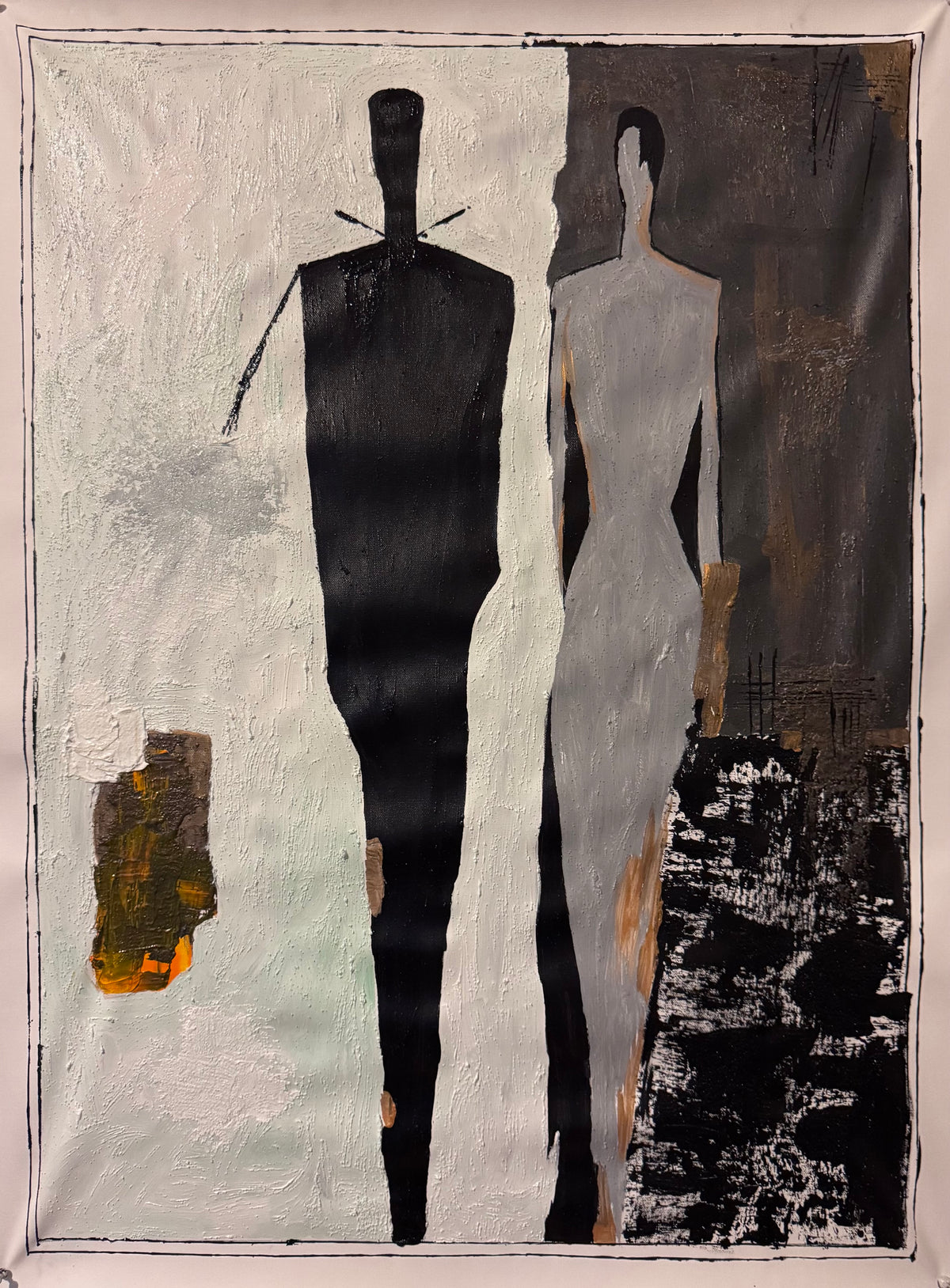 Two Figures in Silence – Original 26x36 Abstract Expressionist Acrylic Painting on Canvas, Black White Gray Figurative Art