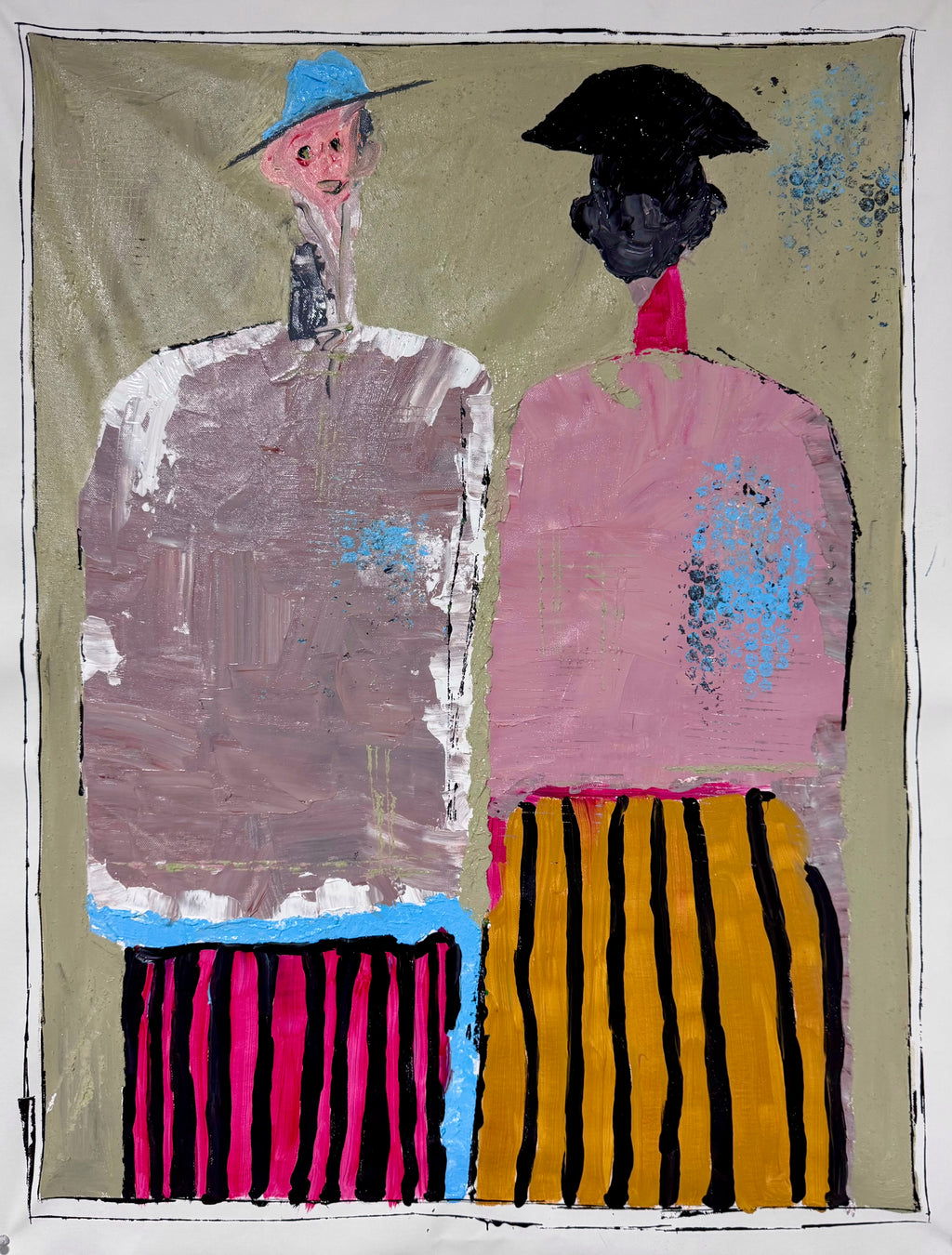 Two Figures in Stripes – Original Neo-Expressionist Acrylic Painting, 26x36 Canvas, Hand-Painted with Palette Knife & Brush