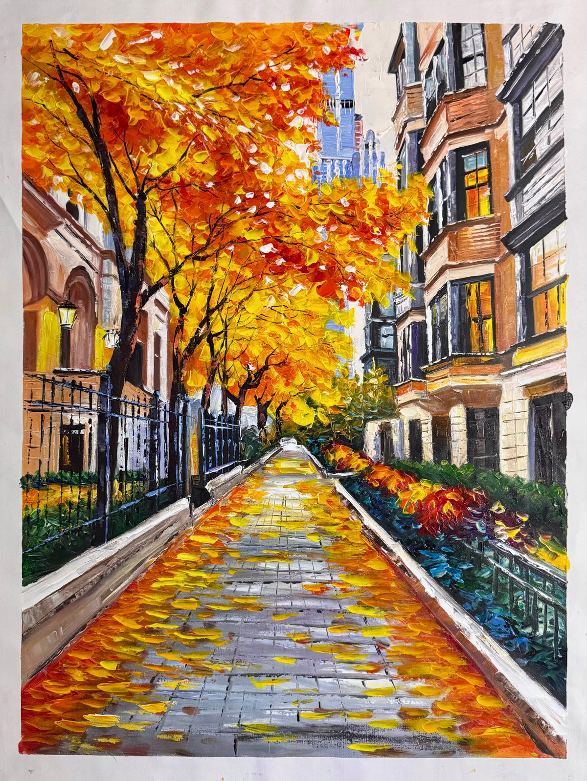 New York Autumn Street Painting, Original 26x36 Acrylic Canvas, Manhattan Cityscape, Palette Knife & Brush, Textured Urban Wall Art